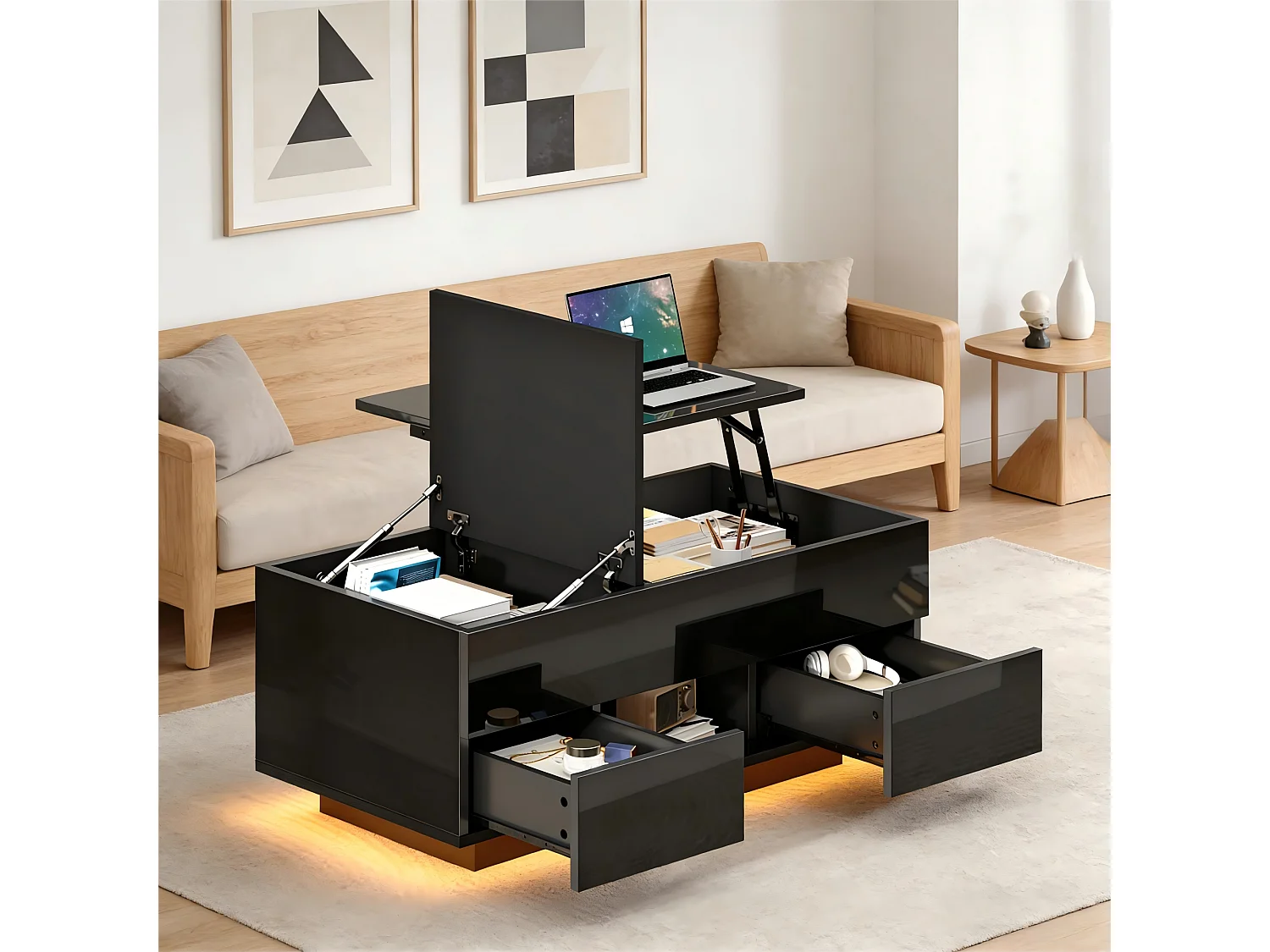 Salontafel met opklapbaar blad en glanzende afwerking, 100 x 45 x 43 cm, met 2 lades en ledverlichting - Zwart