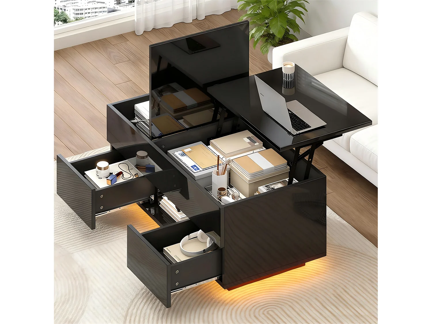 Salontafel met opklapbaar blad en glanzende afwerking, 100 x 45 x 43 cm, met 2 lades en ledverlichting - Zwart