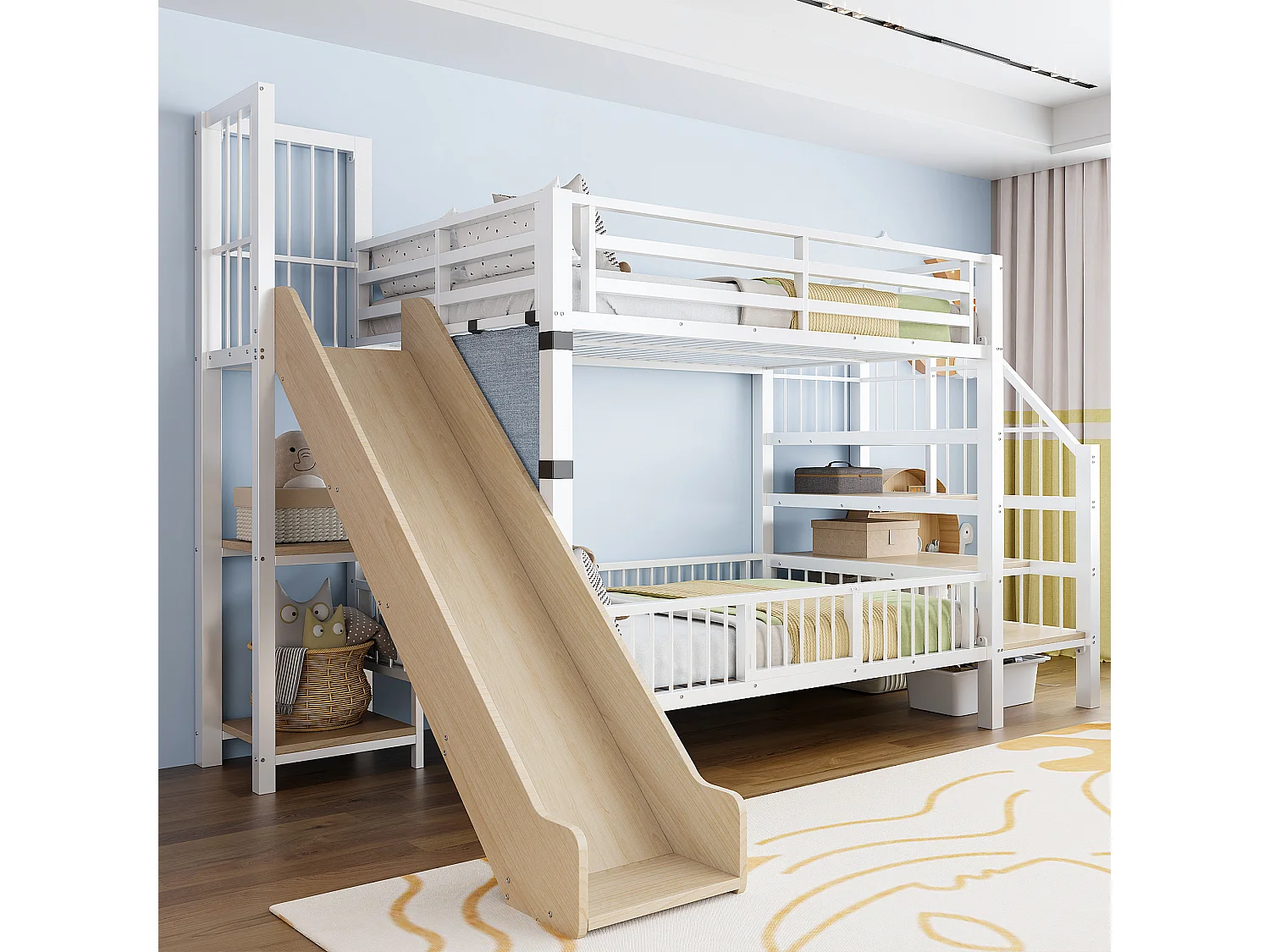 Metalen stapelbed 90x200 cm met glijbaan en opbergtrap - Wit en hout