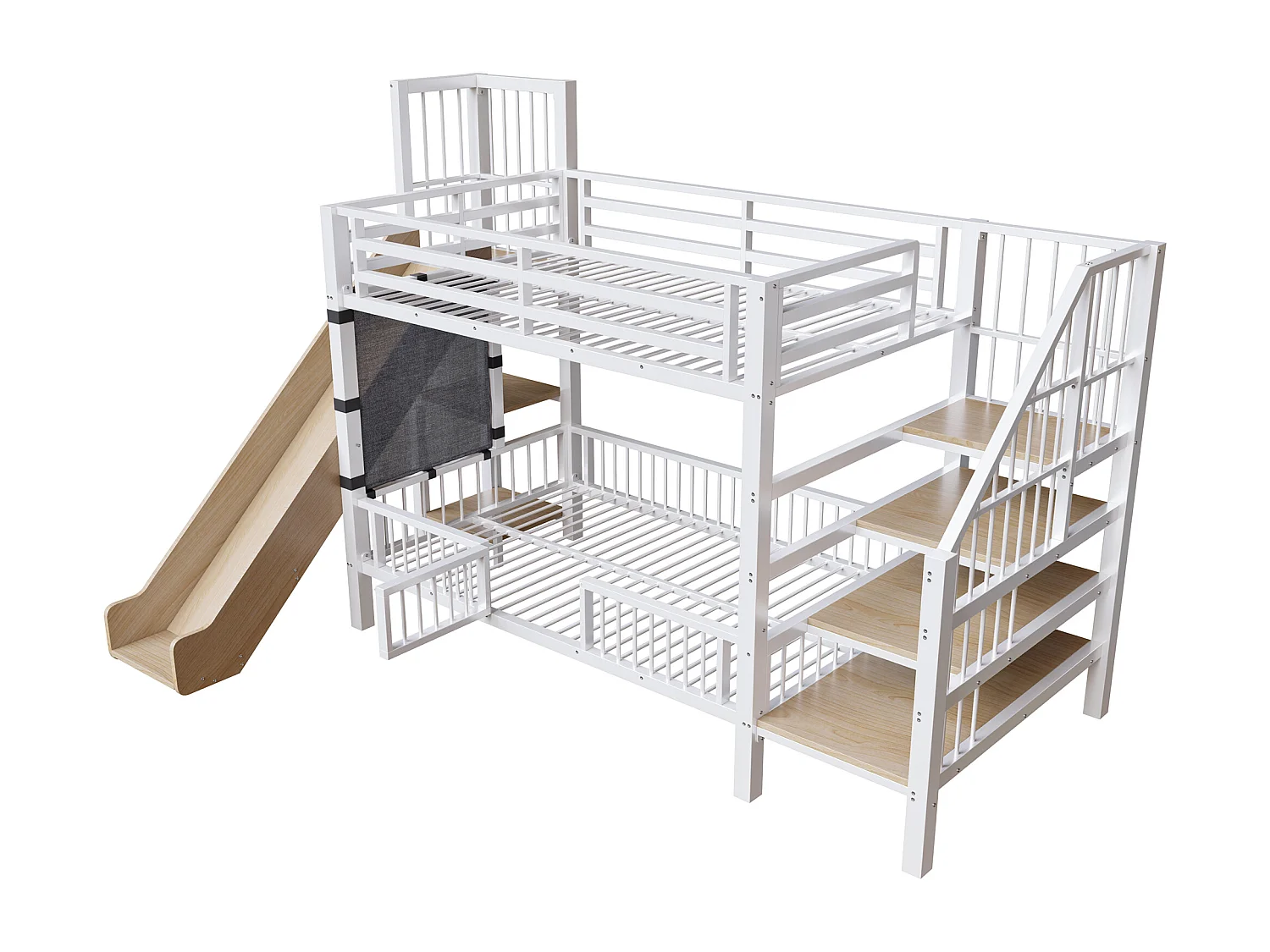 Metalen stapelbed 90x200 cm met glijbaan en opbergtrap - Wit en hout