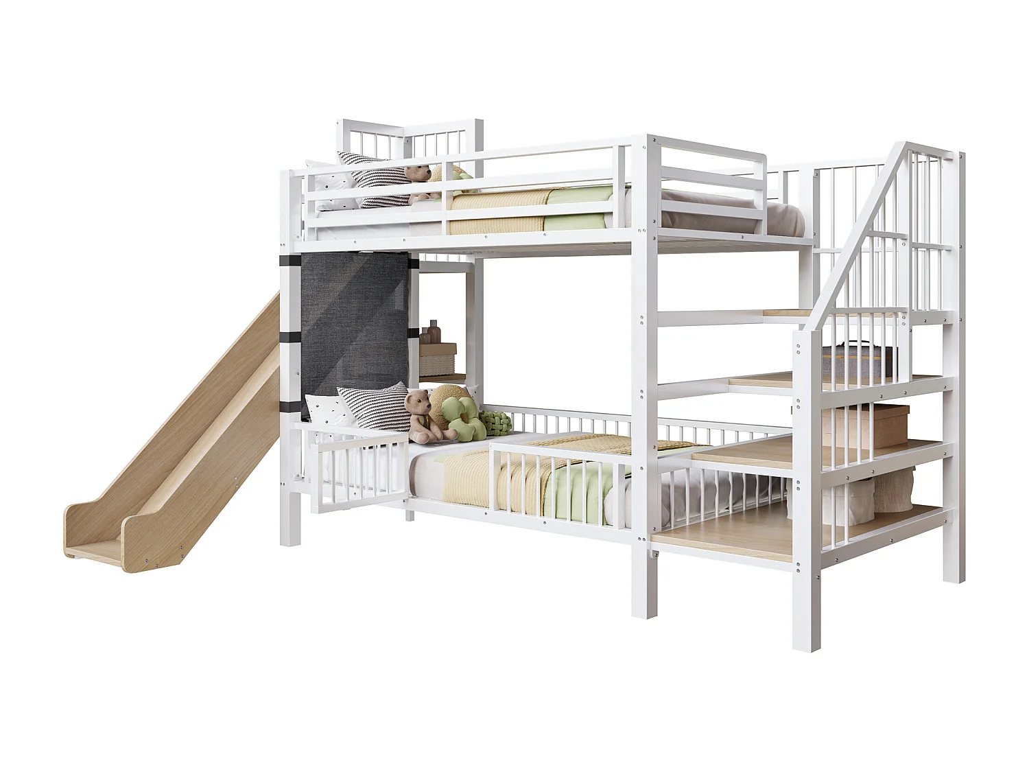 Metalen stapelbed 90x200 cm met glijbaan en opbergtrap - Wit en hout