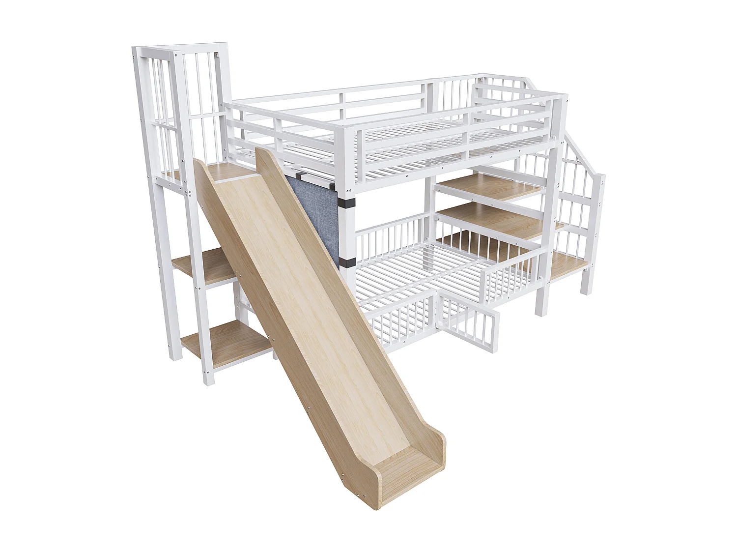 Metalen stapelbed 90x200 cm met glijbaan en opbergtrap - Wit en hout