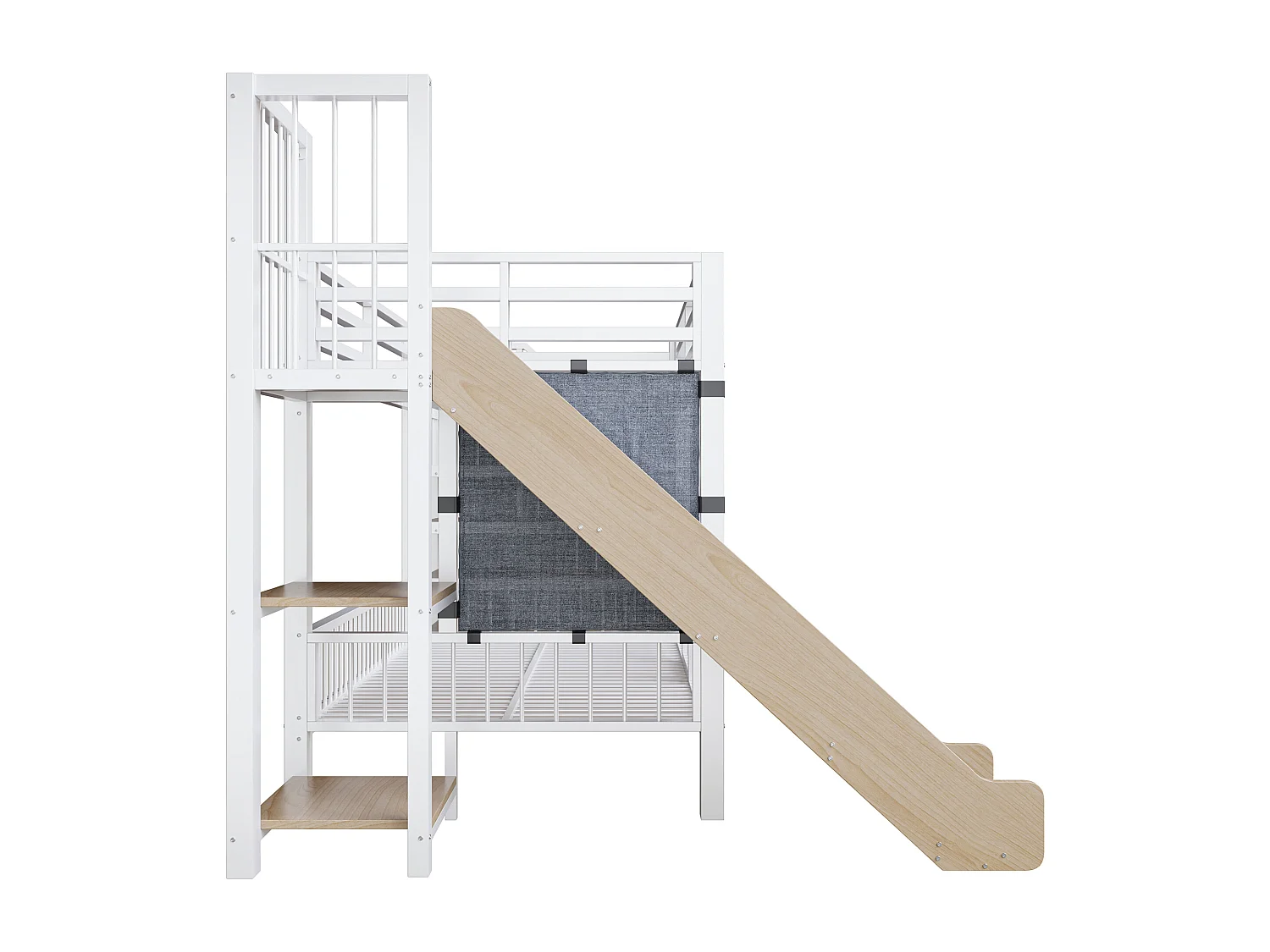 Metalen stapelbed 90x200 cm met glijbaan en opbergtrap - Wit en hout