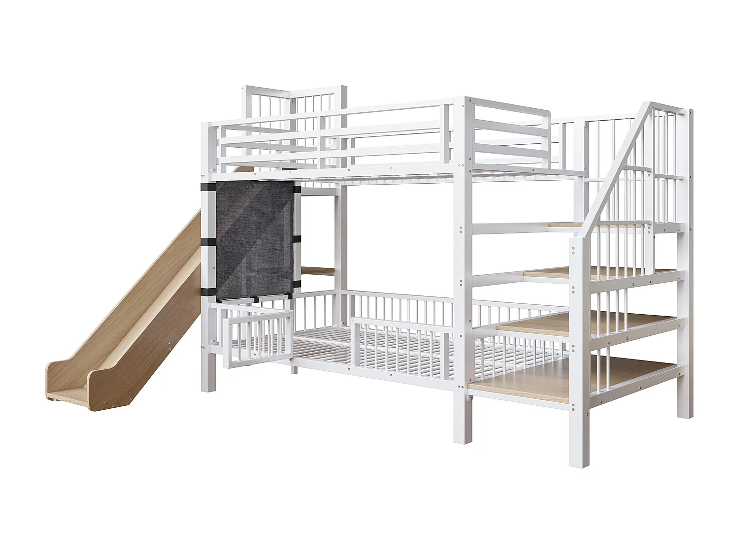 Metalen stapelbed 90x200 cm met glijbaan en opbergtrap - Wit en hout