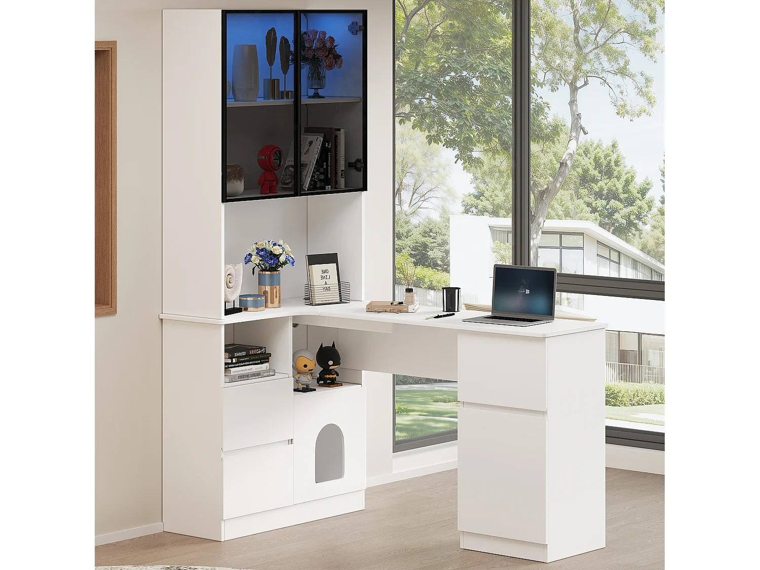 Hoekbureau met LED-vitrine, 3 lades en 2 deuren - Wit