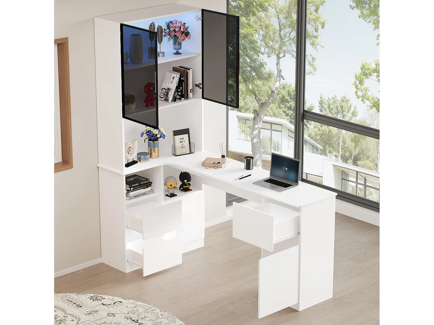 Hoekbureau met LED-vitrine, 3 lades en 2 deuren - Wit