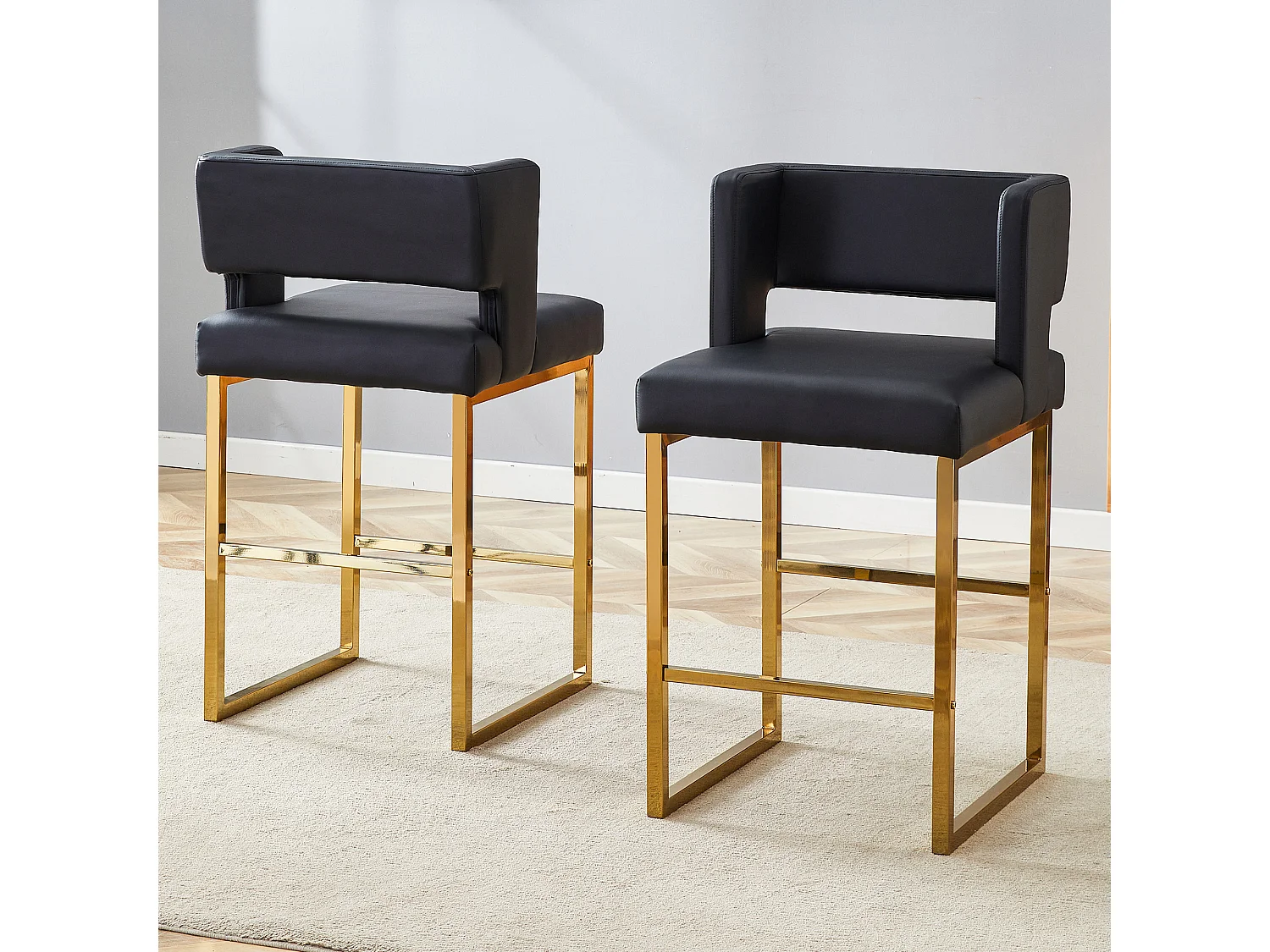 Lot de 2 tabourets de bar en PU noir avec pieds en métal doré - Design nordique