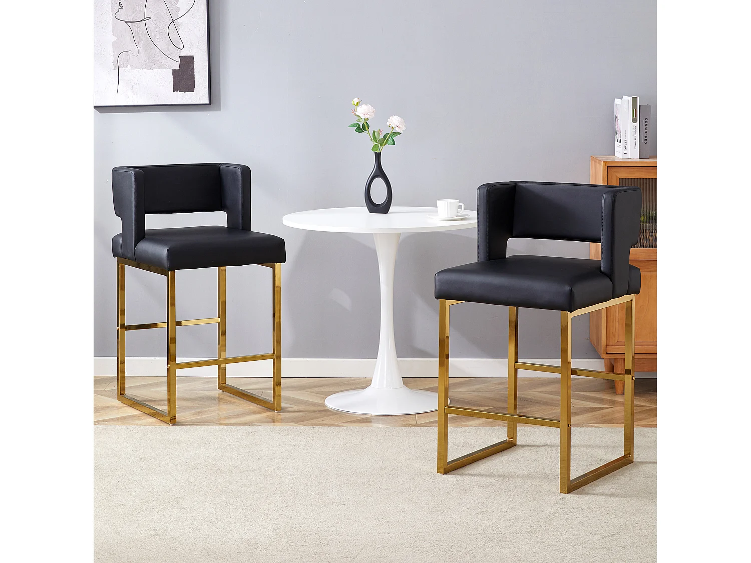 Lot de 2 tabourets de bar en PU noir avec pieds en métal doré - Design nordique