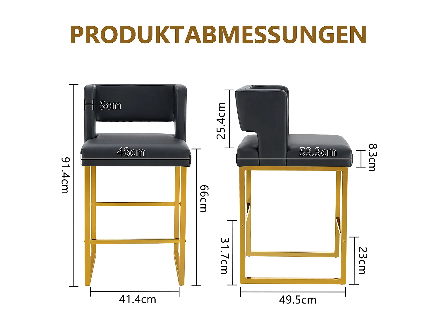 Lot de 2 tabourets de bar en PU noir avec pieds en métal doré - Design nordique