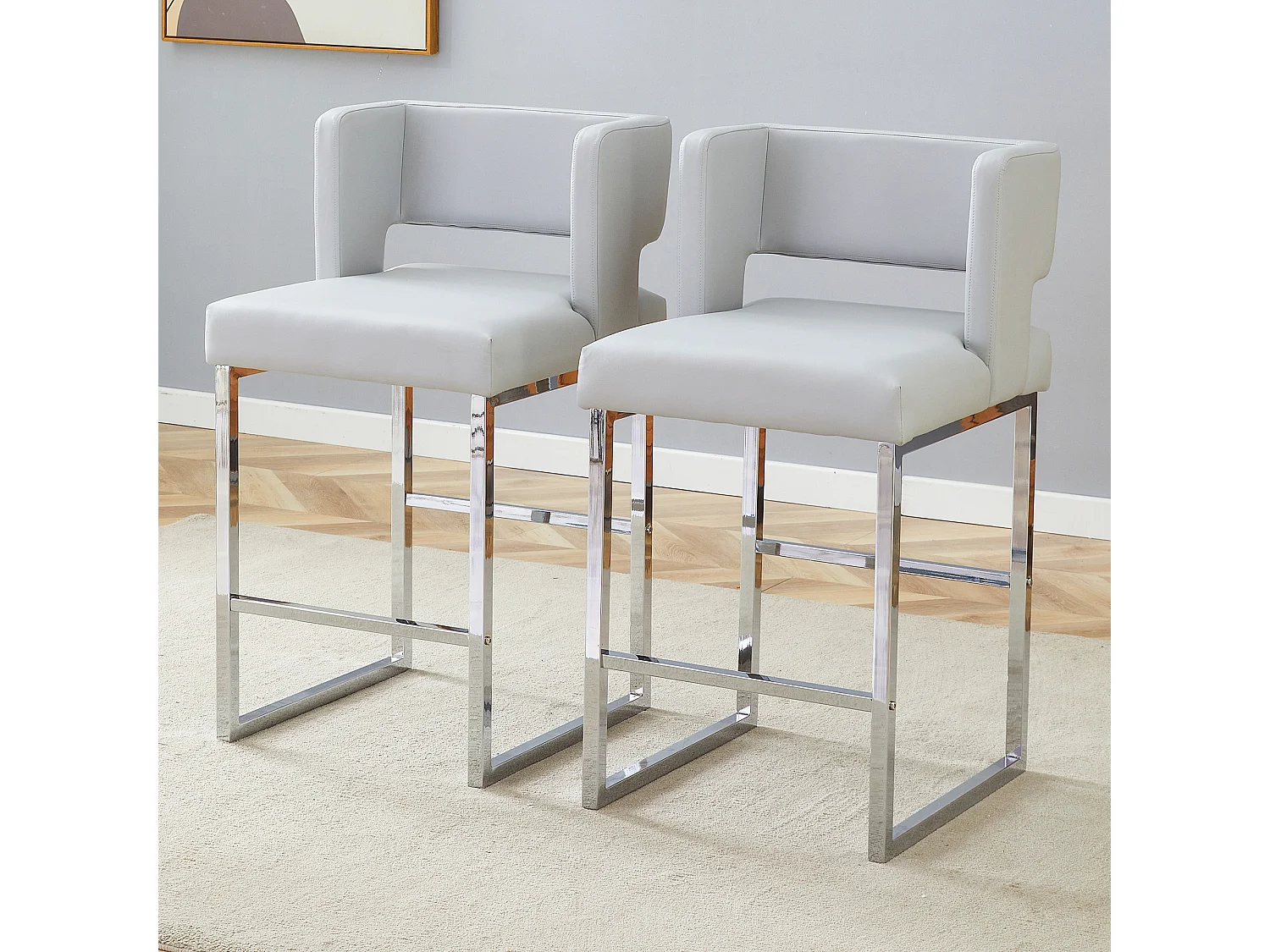 Lot de 2 tabourets de bar en PU gris avec pieds en métal argenté - Design nordique