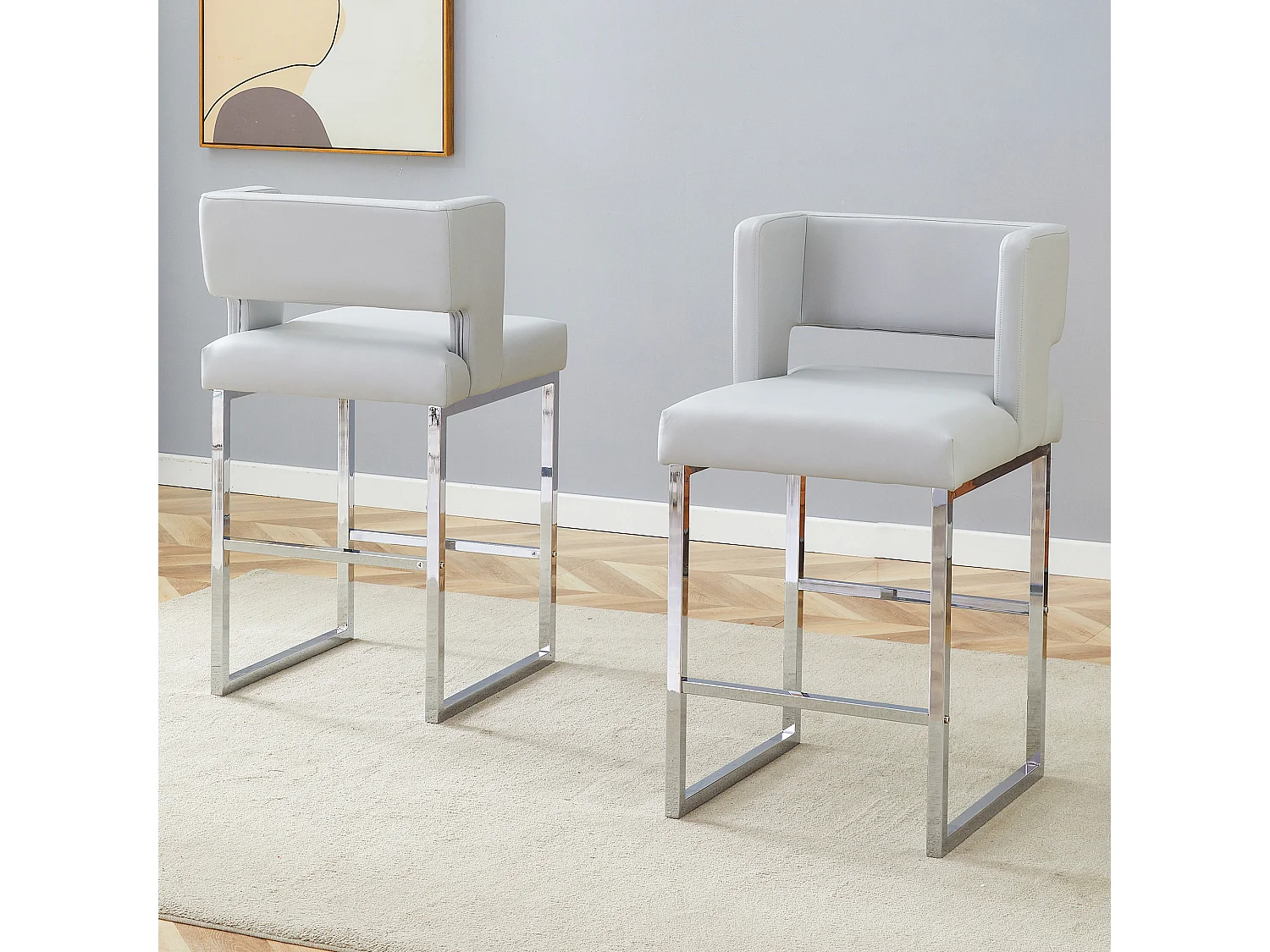 Lot de 2 tabourets de bar en PU gris avec pieds en métal argenté - Design nordique