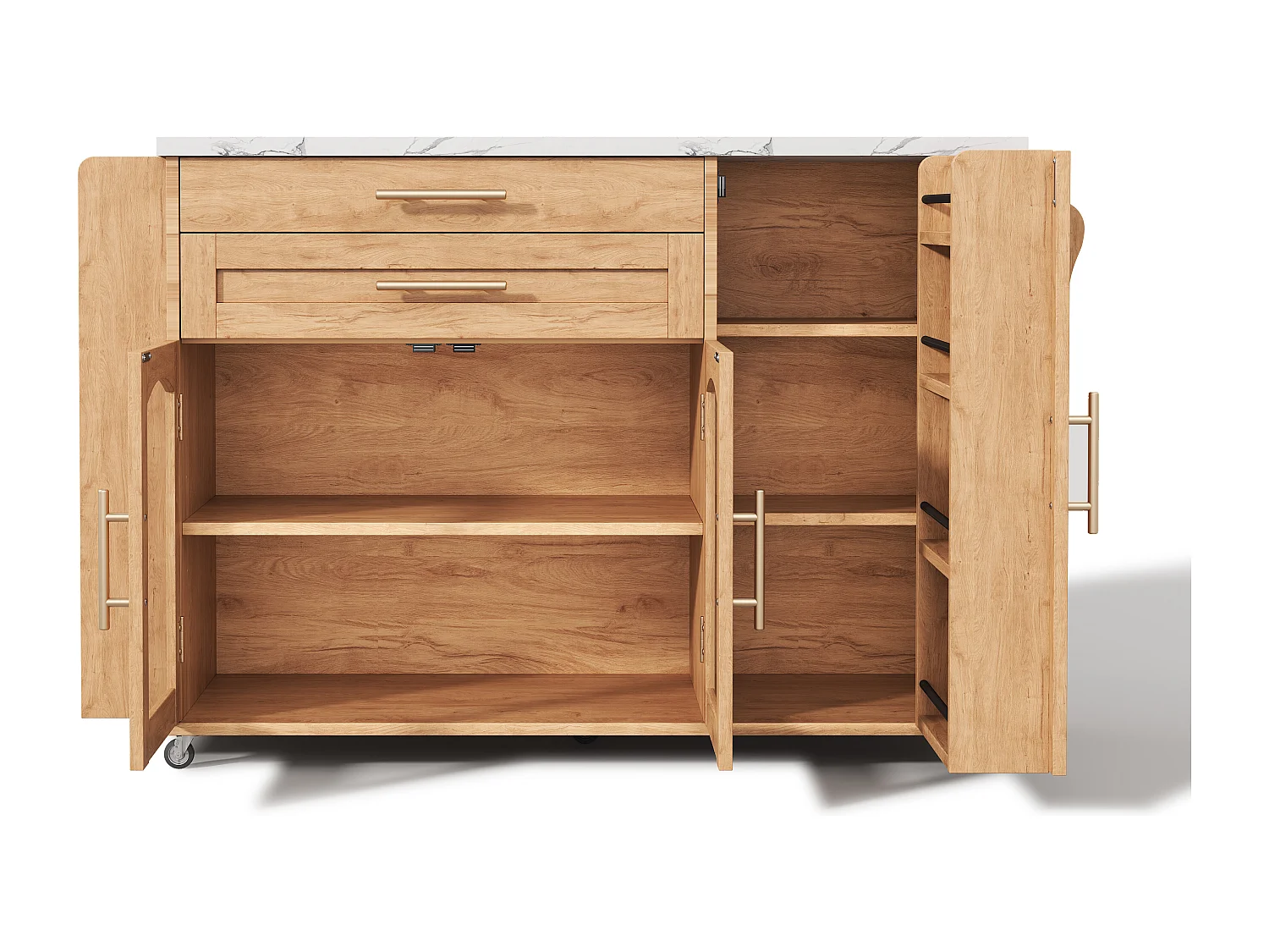 Keukeneiland op wielen met inklapbaar blad en 2 lades - Houtkleur 138 x 45 (70) x 90 cm