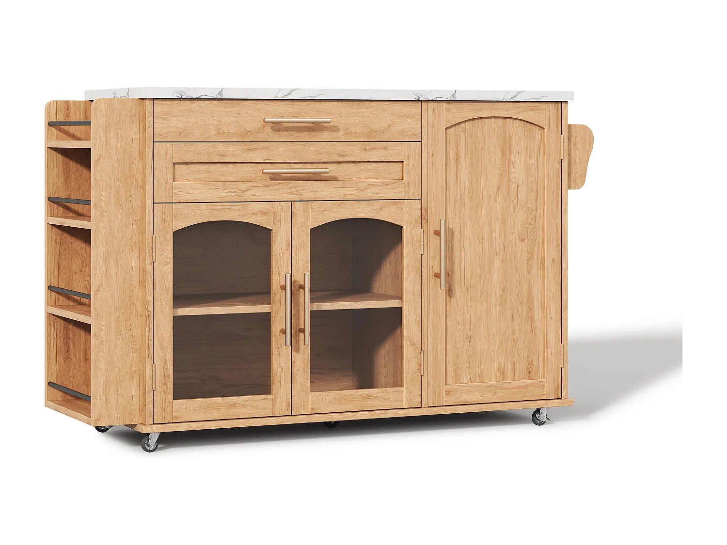 Keukeneiland op wielen met inklapbaar blad en 2 lades - Houtkleur 138 x 45 (70) x 90 cm