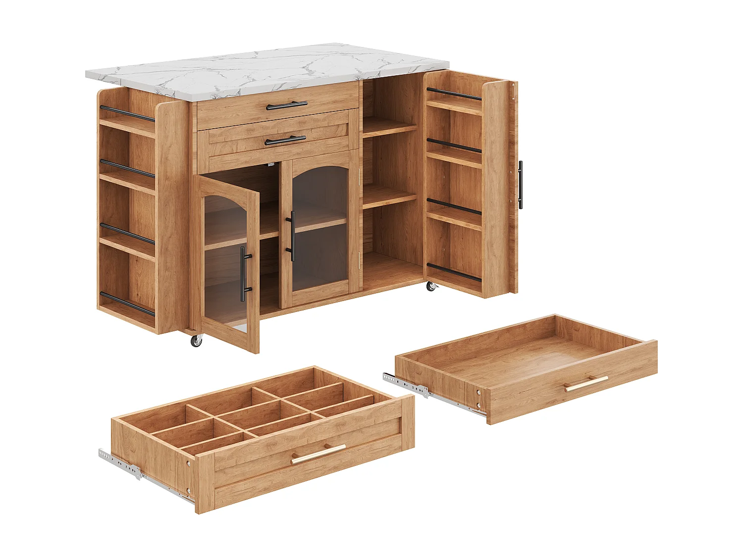 Keukeneiland op wielen met inklapbaar blad en 2 lades - Houtkleur 138 x 45 (70) x 90 cm