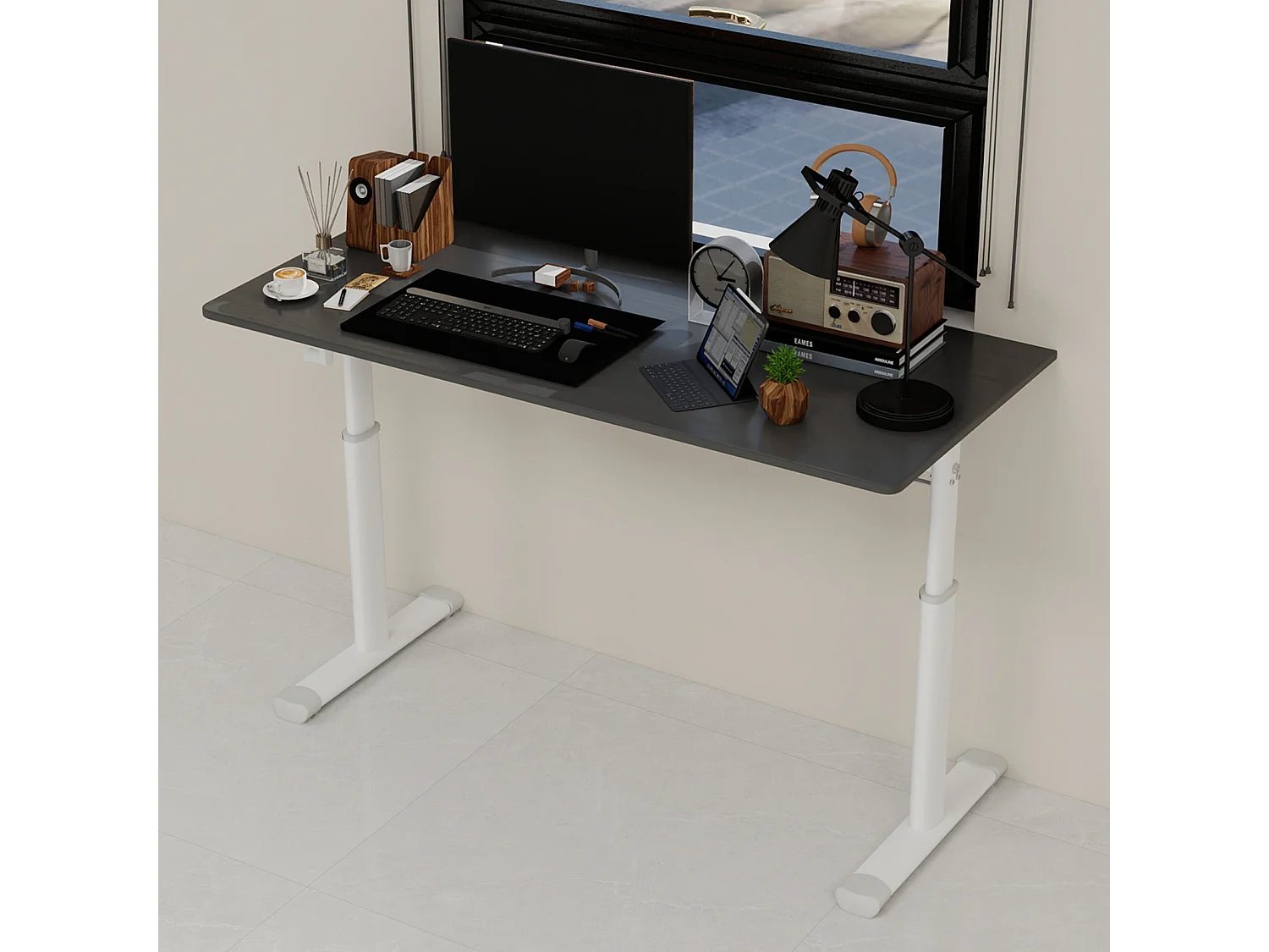 In hoogte verstelbaar bureau, wit en grijs, 120x60 cm - Hout en metaal