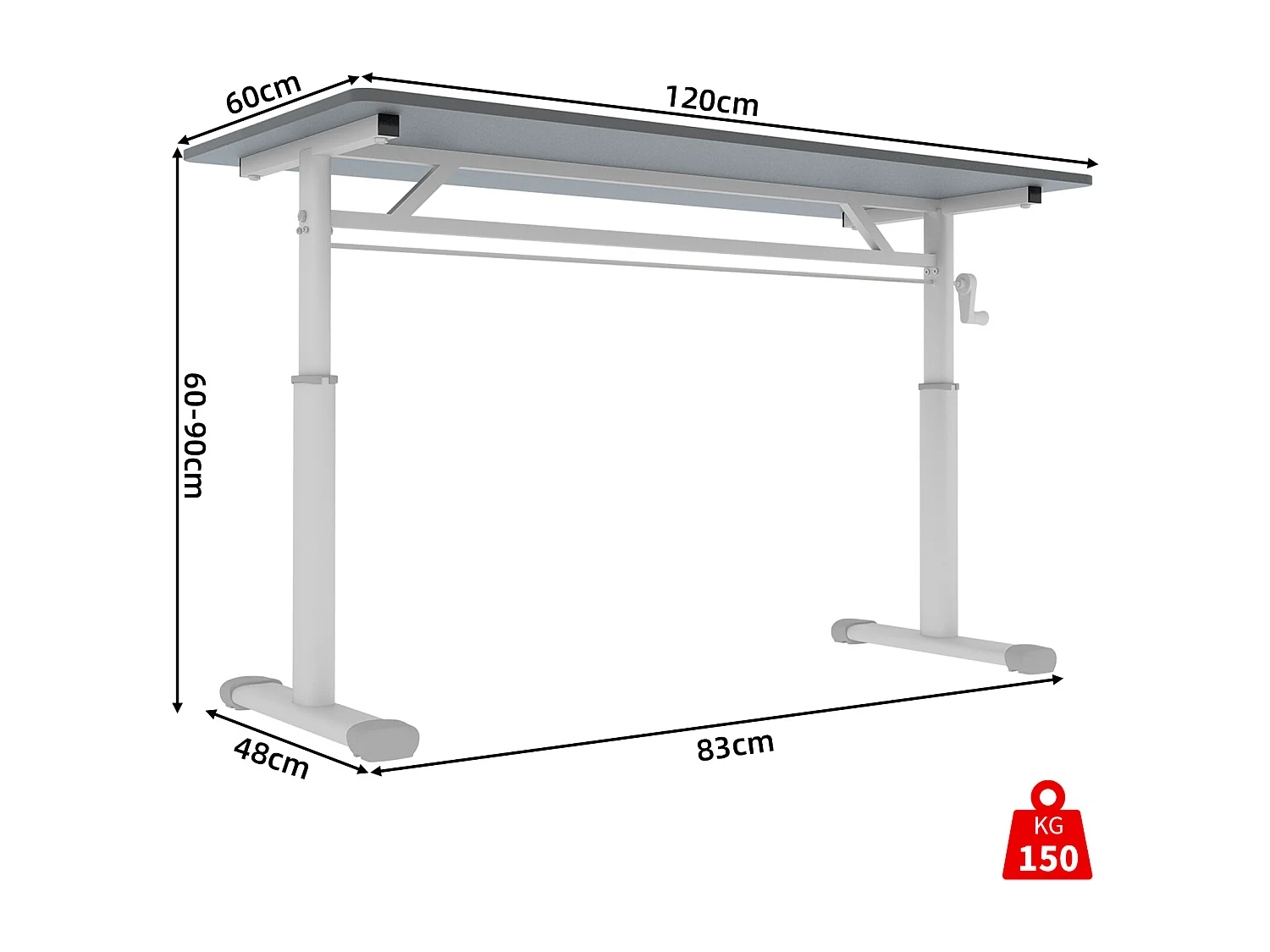In hoogte verstelbaar bureau, wit en grijs, 120x60 cm - Hout en metaal