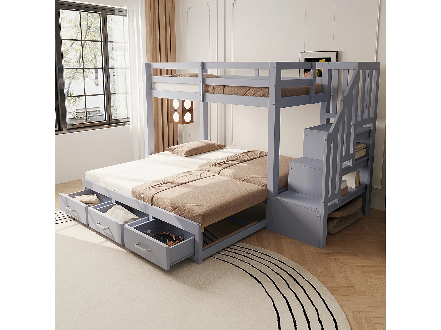 Stapelbed 90 x 200 cm met uitschuifbed 90/180 x 190 cm en 3 lades - houten bed, grijs
