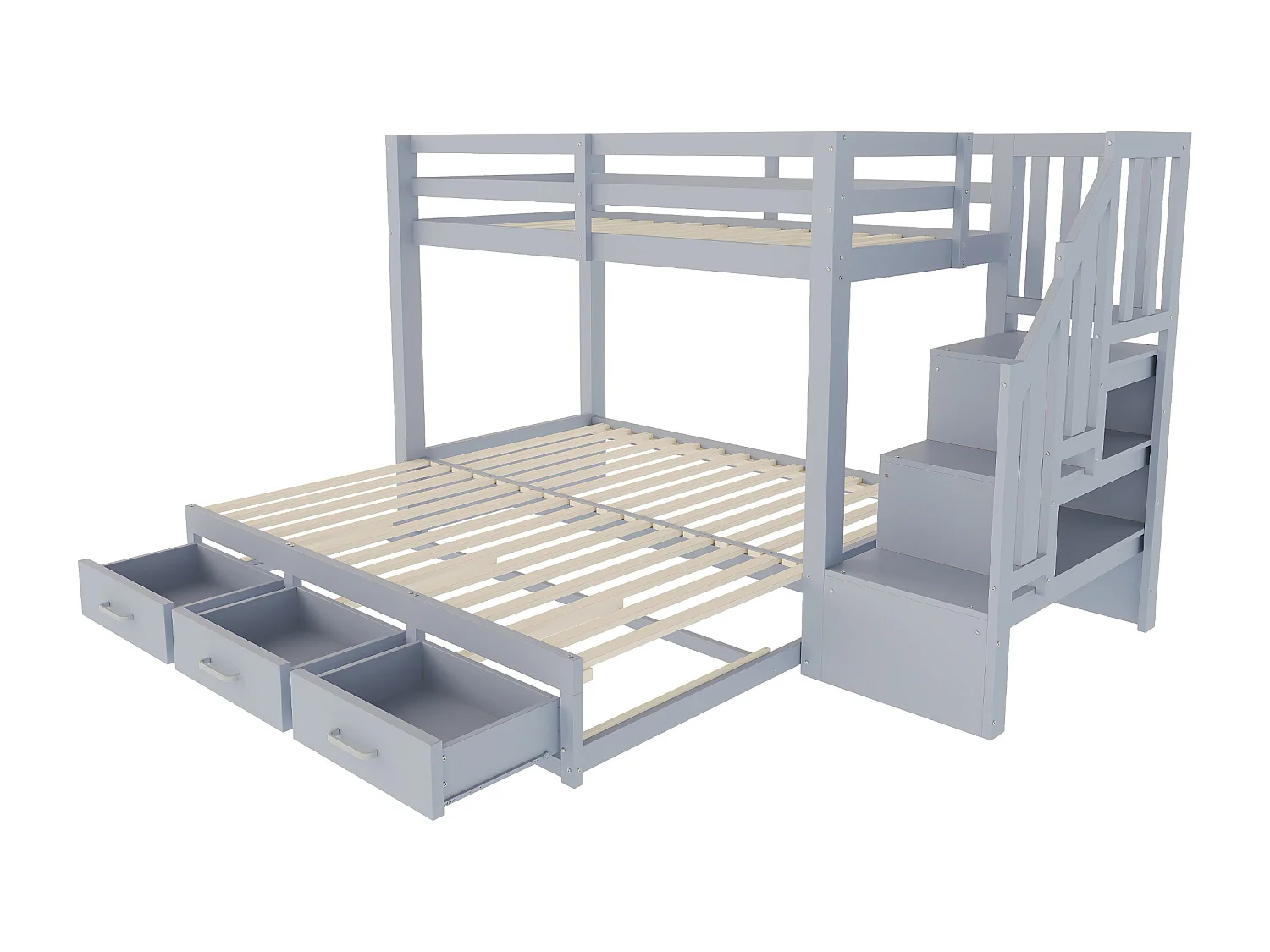 Stapelbed 90 x 200 cm met uitschuifbed 90/180 x 190 cm en 3 lades - houten bed, grijs