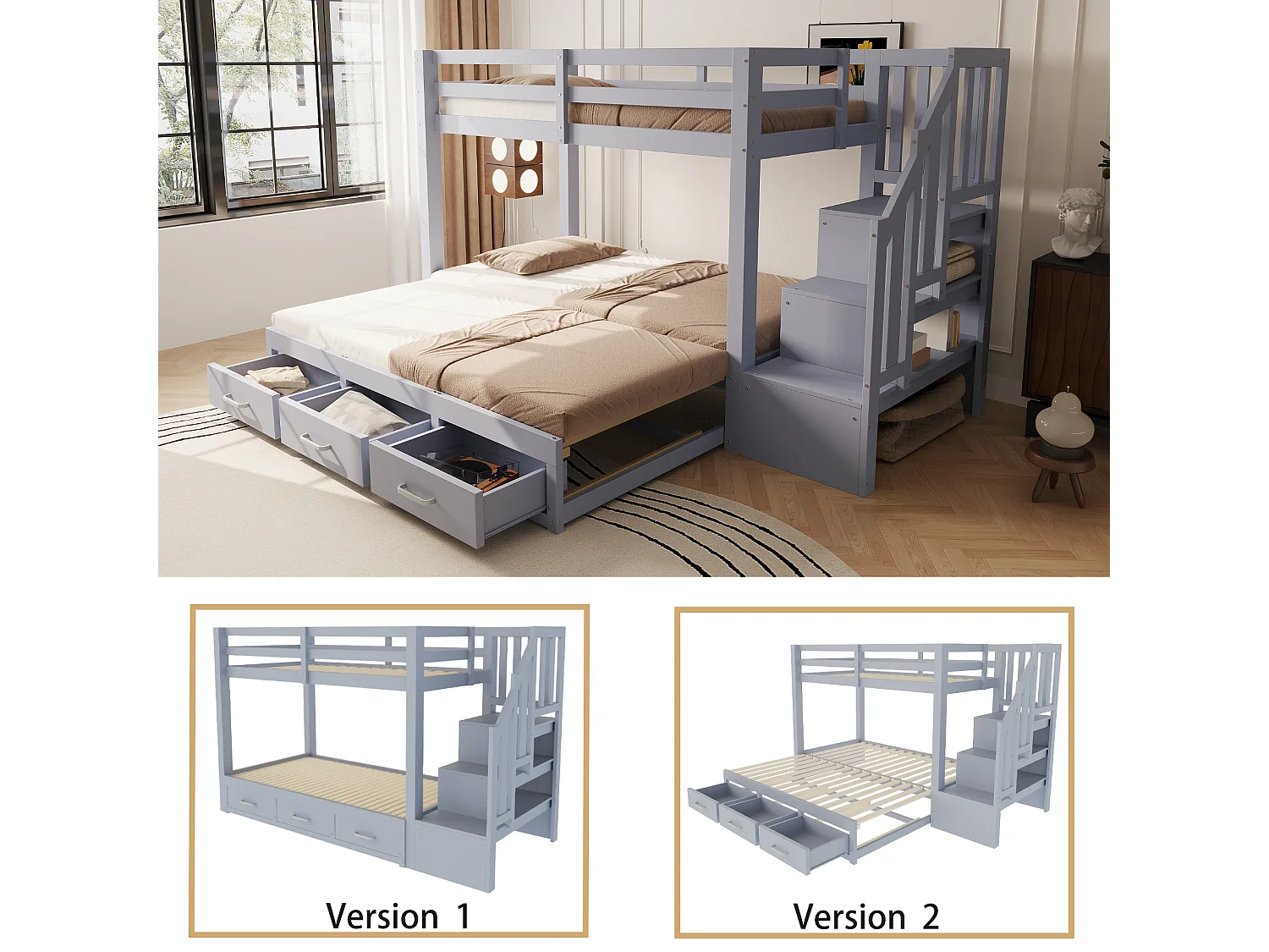 Stapelbed 90 x 200 cm met uitschuifbed 90/180 x 190 cm en 3 lades - houten bed, grijs