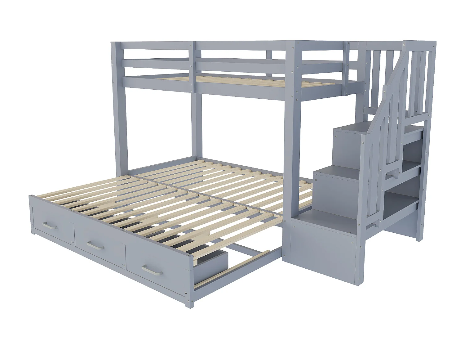 Stapelbed 90 x 200 cm met uitschuifbed 90/180 x 190 cm en 3 lades - houten bed, grijs