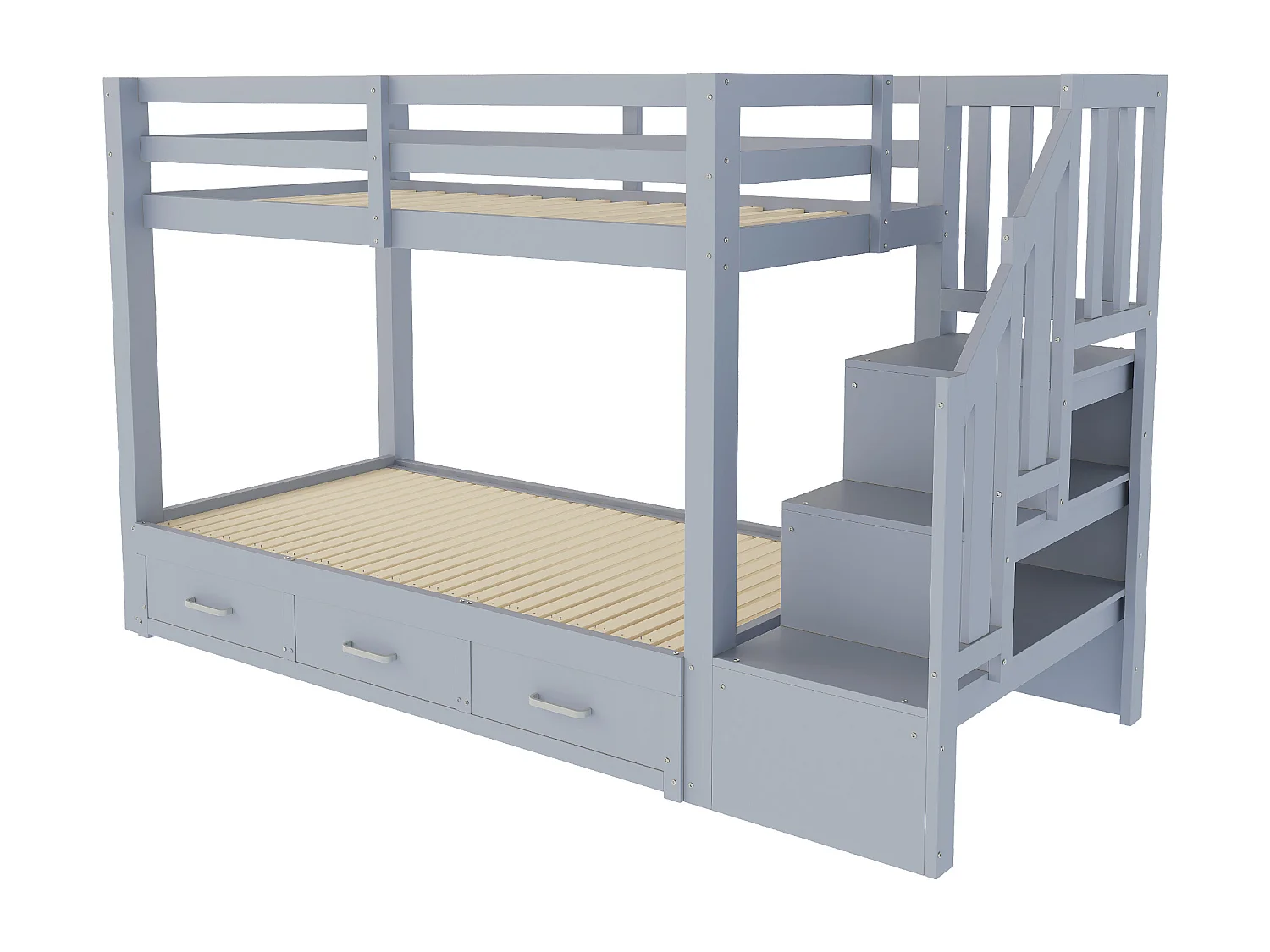 Stapelbed 90 x 200 cm met uitschuifbed 90/180 x 190 cm en 3 lades - houten bed, grijs