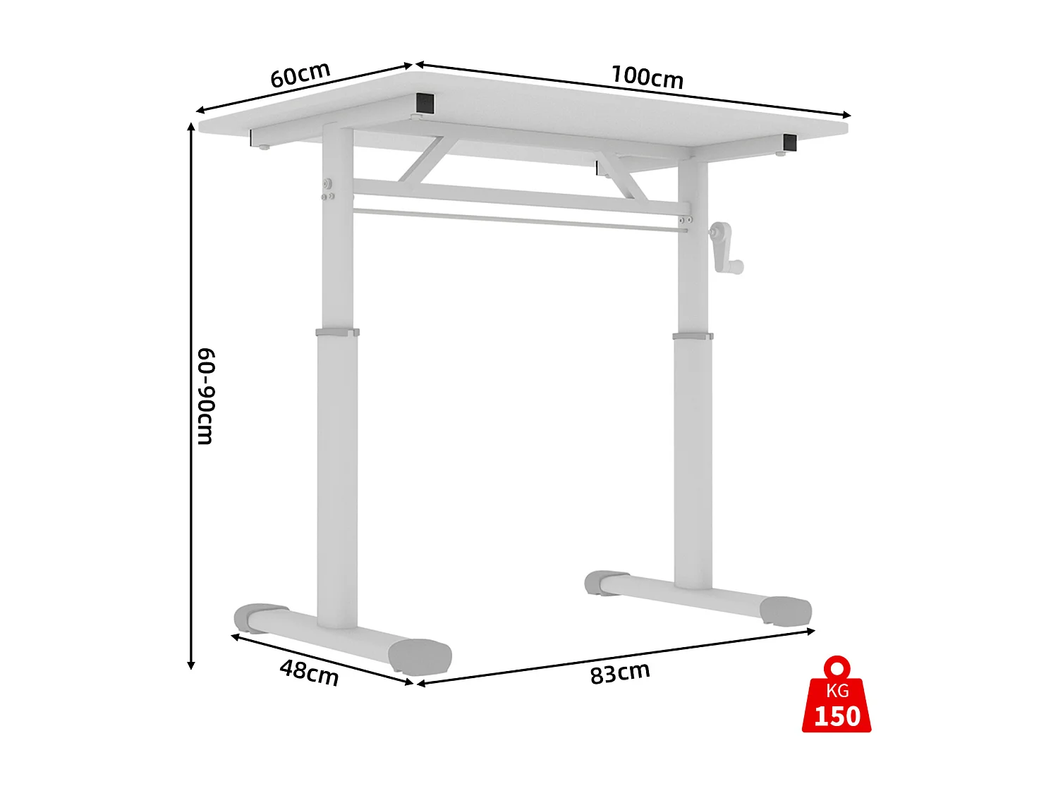 Bureau réglable en hauteur 60-90cm - Plateau blanc 100x60 cm