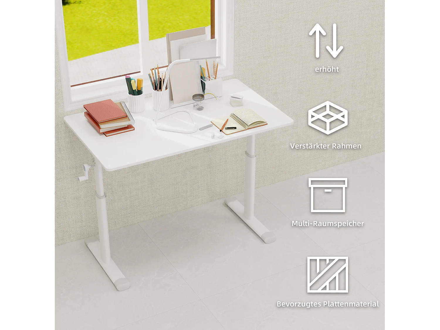 Bureau réglable en hauteur 60-90cm - Plateau blanc 100x60 cm