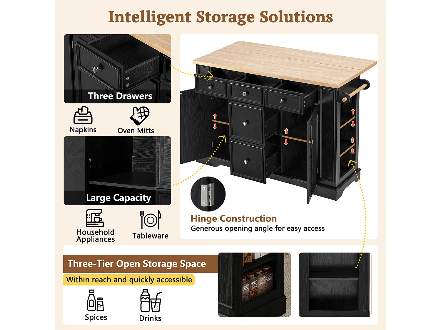 Îlot de cuisine avec 5 tiroirs, étagères réglables et prises USB - Noir