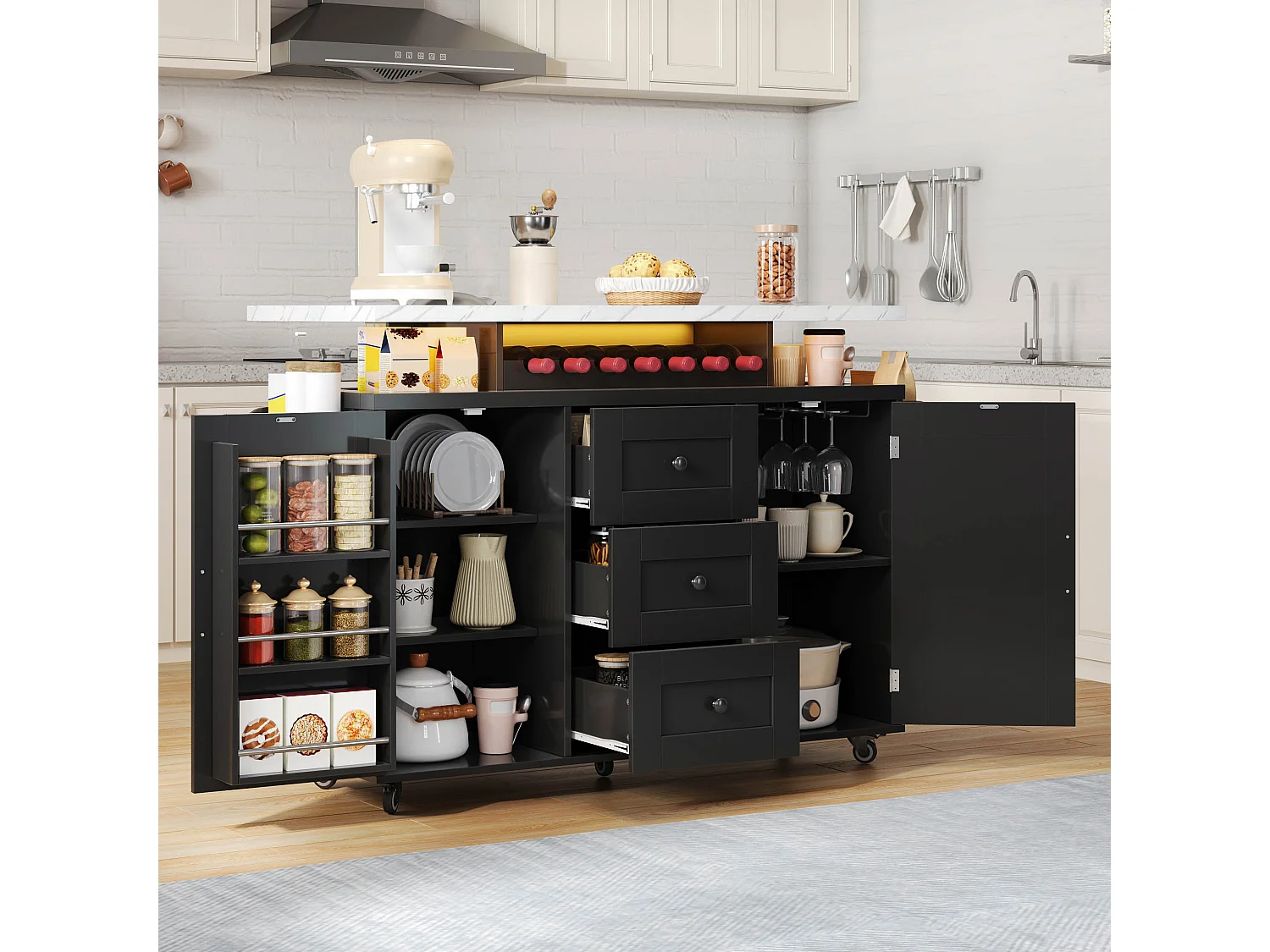 Isla de cocina móvil negra con iluminación LED, 2 puertas y 3 cajones - Encimera con efecto mármol blanco