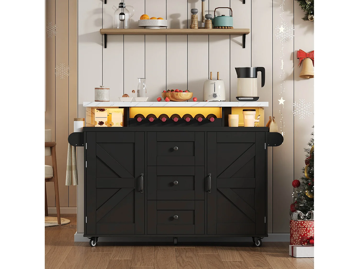 Isla de cocina móvil negra con iluminación LED, 2 puertas y 3 cajones - Encimera con efecto mármol blanco