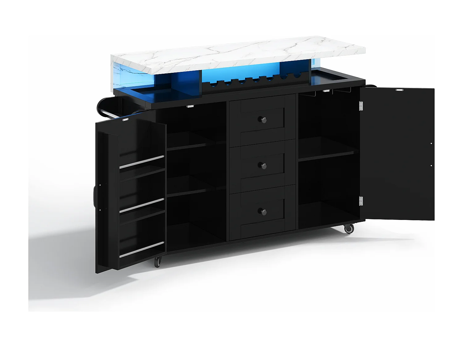 Isla de cocina móvil negra con iluminación LED, 2 puertas y 3 cajones - Encimera con efecto mármol blanco