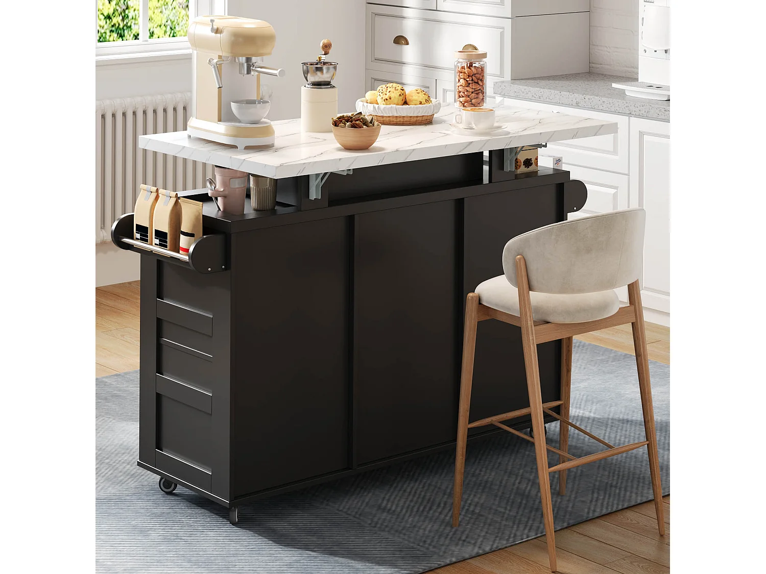Isla de cocina móvil negra con iluminación LED, 2 puertas y 3 cajones - Encimera con efecto mármol blanco