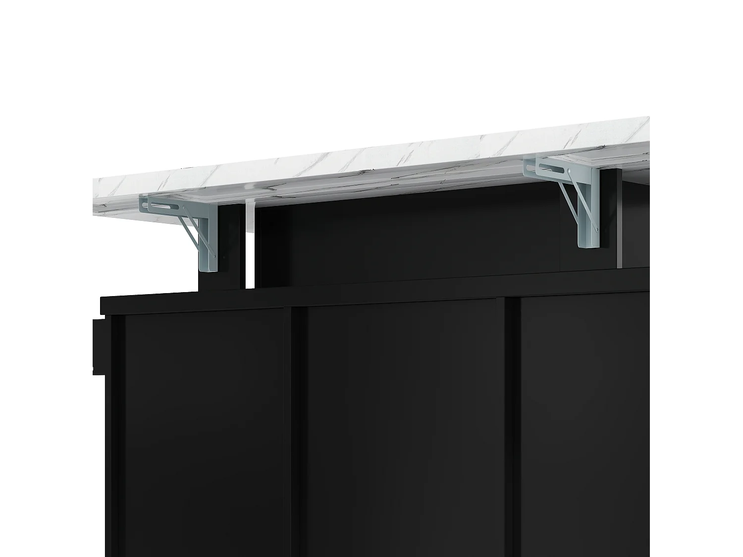 Isla de cocina móvil negra con iluminación LED, 2 puertas y 3 cajones - Encimera con efecto mármol blanco