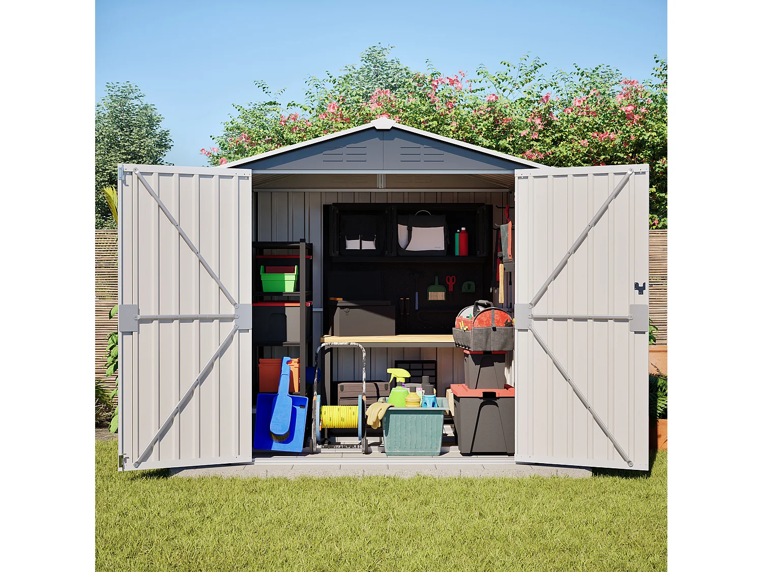 Casinha de jardim metálica cinzenta, 2,23 m², com 4 aberturas de ventilação e porta com fechadura.