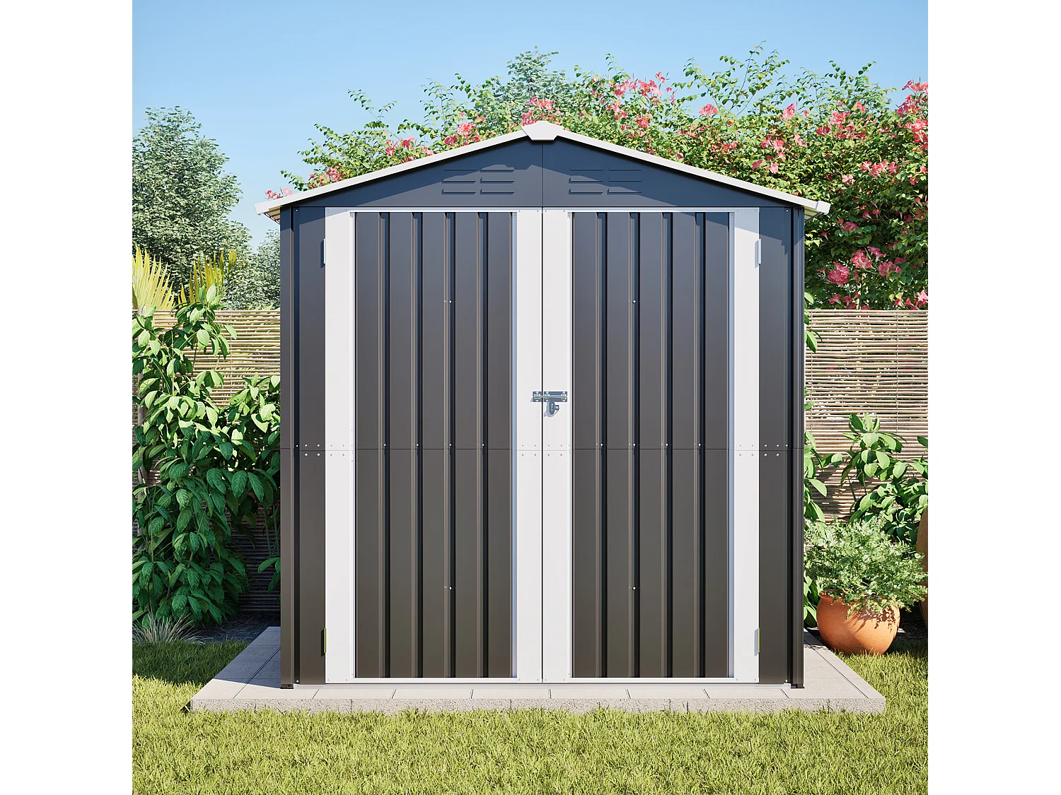 Casinha de jardim metálica cinzenta, 2,23 m², com 4 aberturas de ventilação e porta com fechadura.