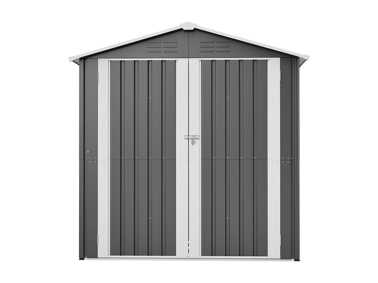 Casinha de jardim metálica cinzenta, 2,23 m², com 4 aberturas de ventilação e porta com fechadura.