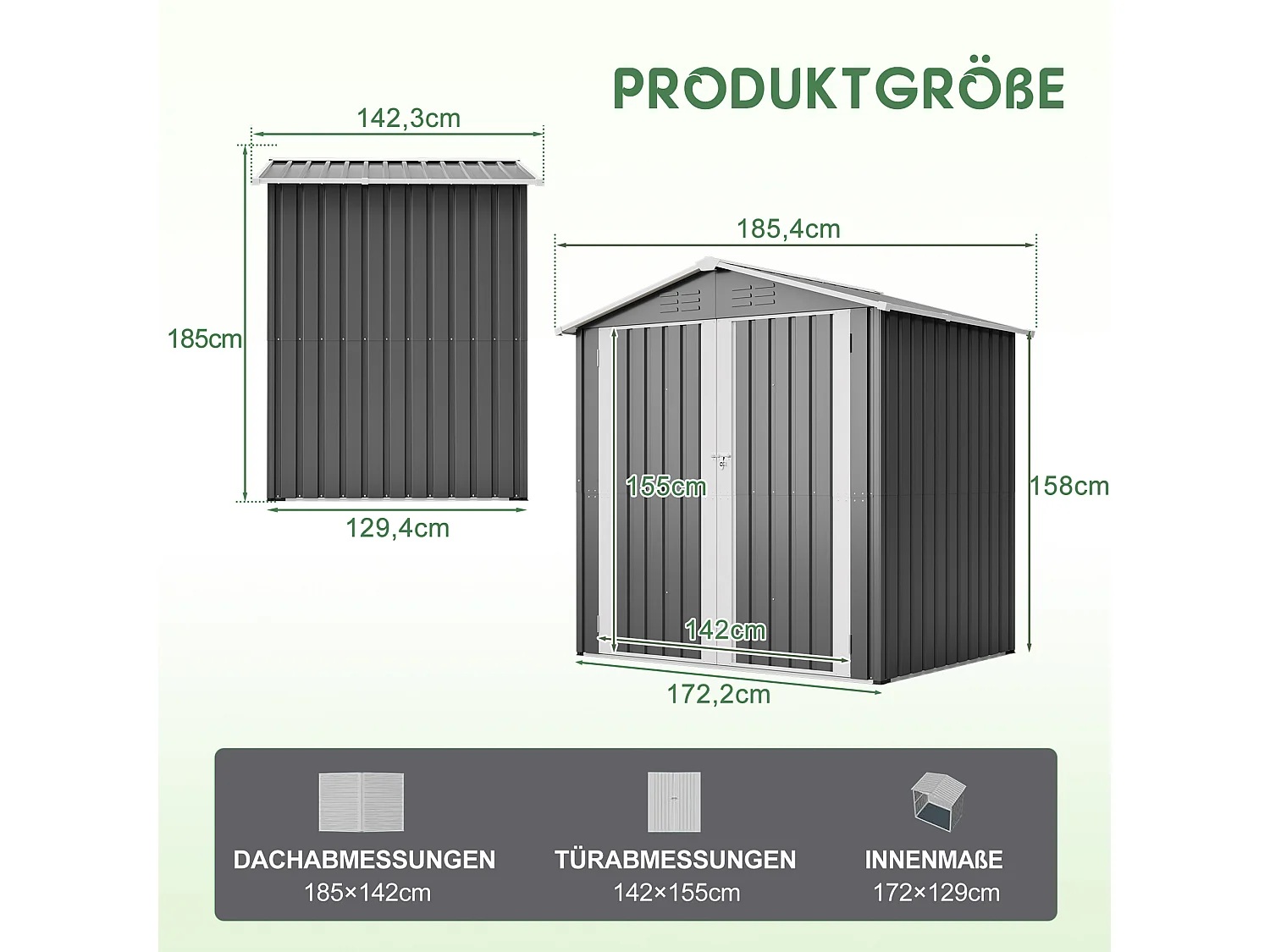 Casinha de jardim metálica cinzenta, 2,23 m², com 4 aberturas de ventilação e porta com fechadura.