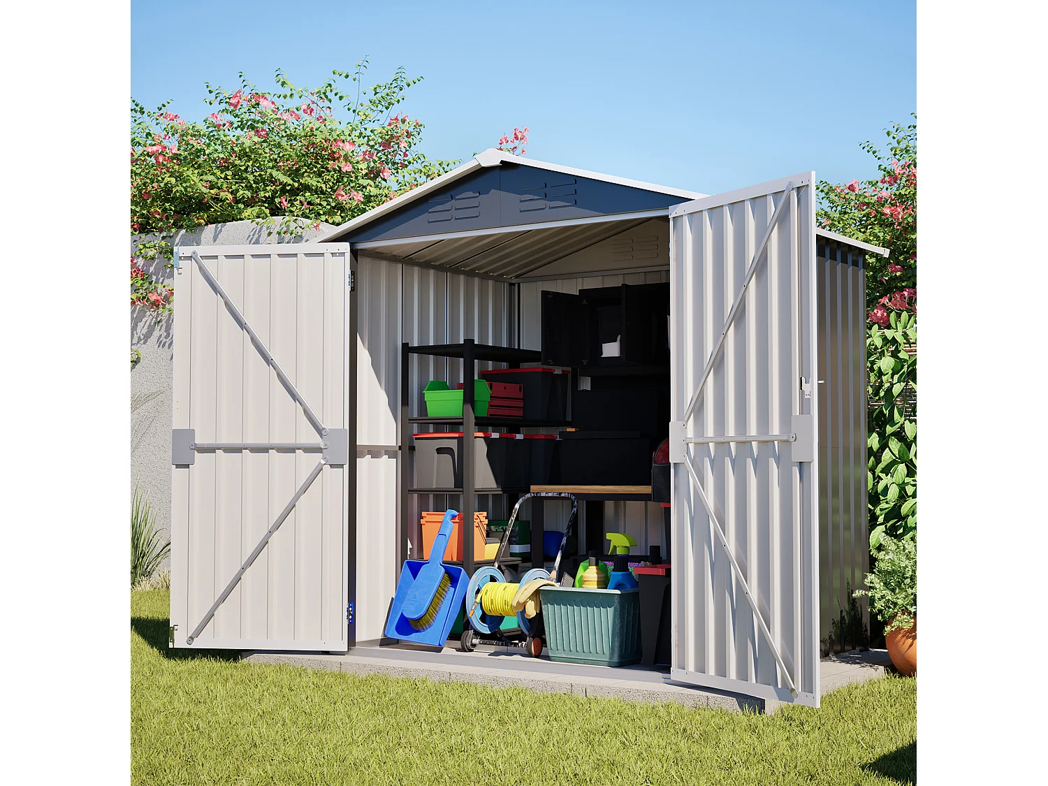 Casinha de jardim metálica cinzenta, 2,23 m², com 4 aberturas de ventilação e porta com fechadura.