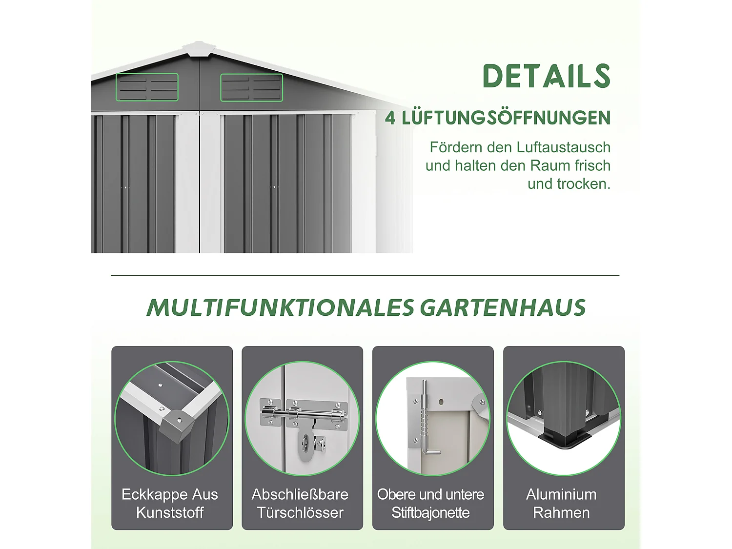 Casinha de jardim metálica cinzenta, 2,23 m², com 4 aberturas de ventilação e porta com fechadura.
