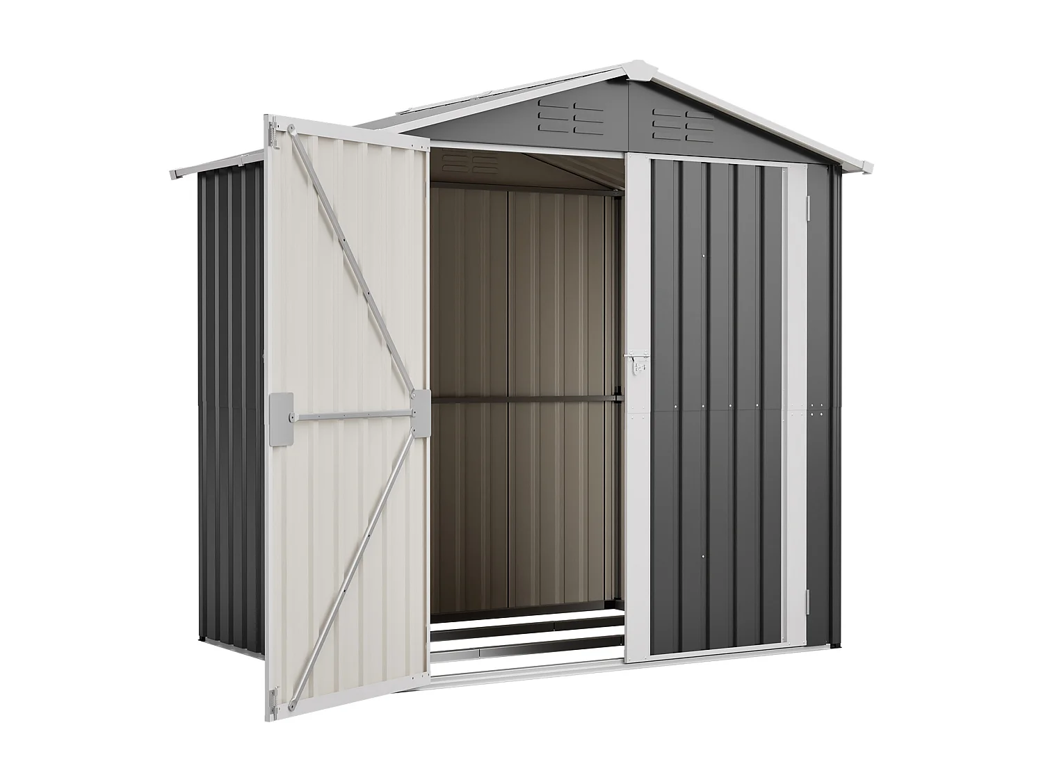 Casinha de jardim metálica cinzenta, 2,23 m², com 4 aberturas de ventilação e porta com fechadura.