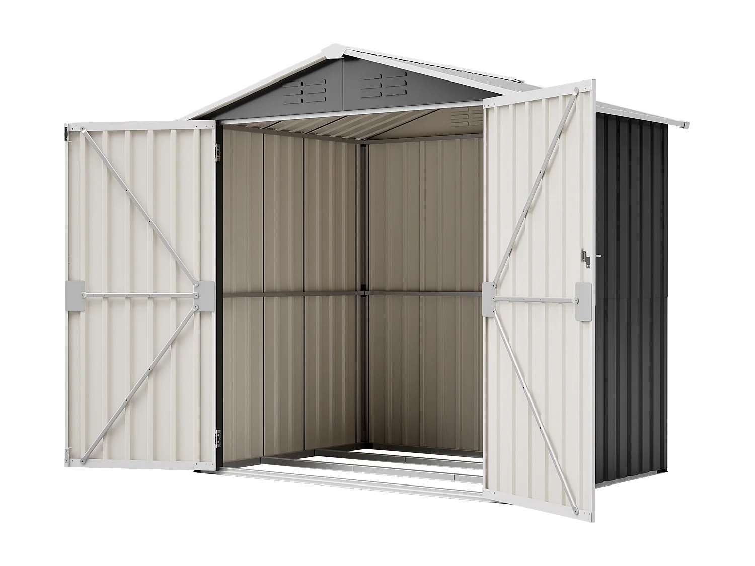 Casinha de jardim metálica cinzenta, 2,23 m², com 4 aberturas de ventilação e porta com fechadura.