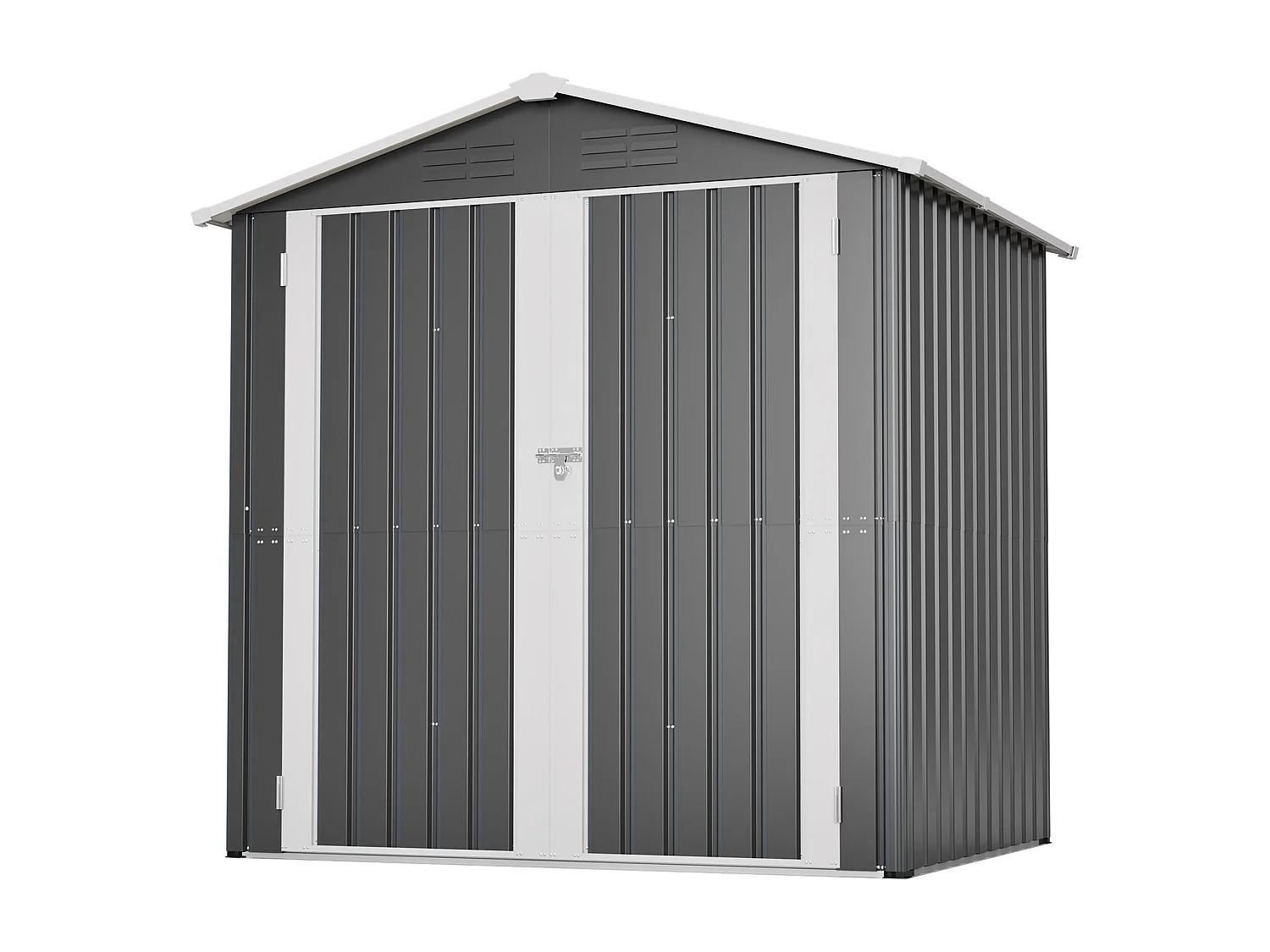 Casinha de jardim metálica cinzenta, 2,23 m², com 4 aberturas de ventilação e porta com fechadura.