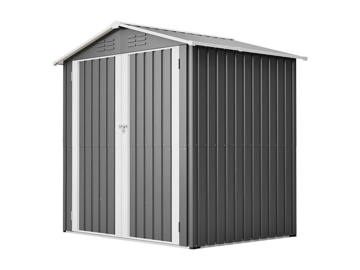 Casinha de jardim metálica cinzenta, 2,23 m², com 4 aberturas de ventilação e porta com fechadura.