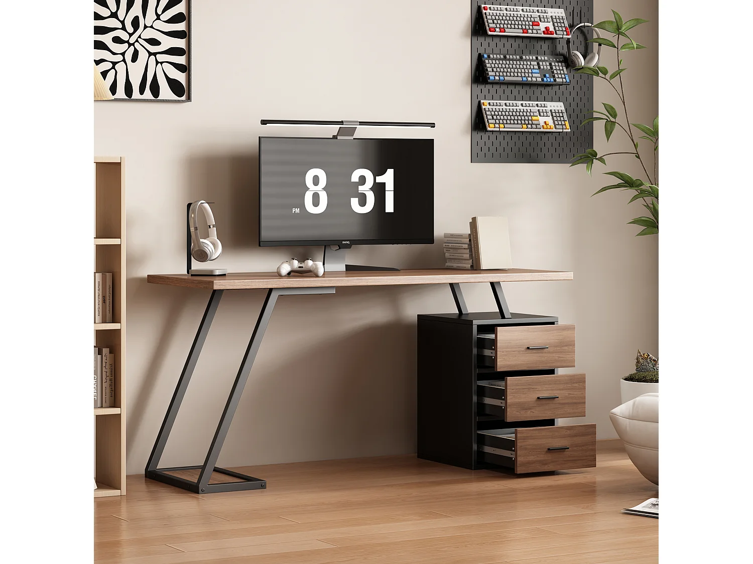 Bureau 138,5 cm en bois marron foncé et métal noir avec 3 tiroirs