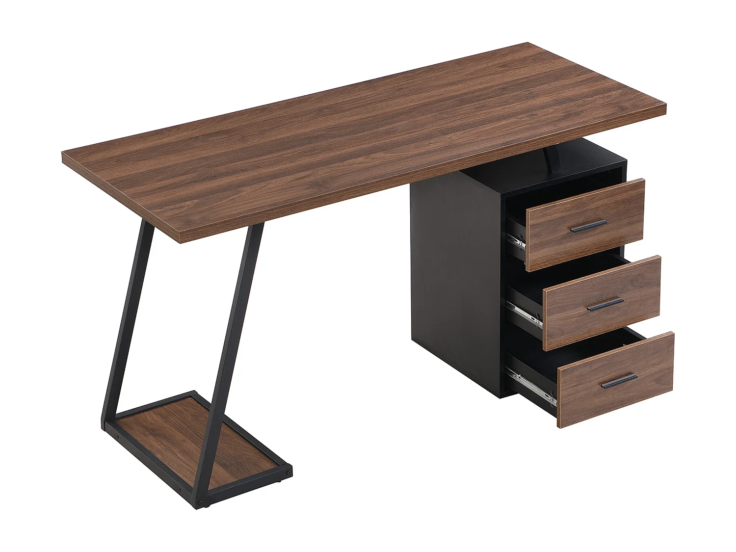 Bureau 138,5 cm en bois marron foncé et métal noir avec 3 tiroirs