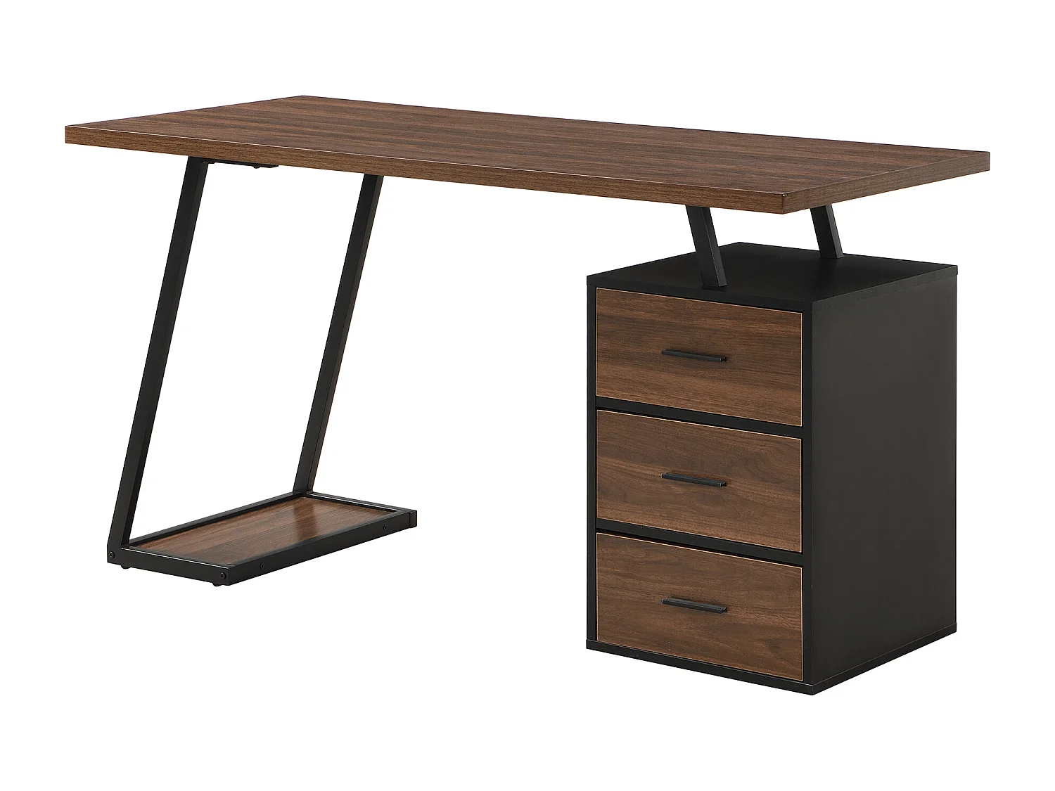 Bureau 138,5 cm en bois marron foncé et métal noir avec 3 tiroirs
