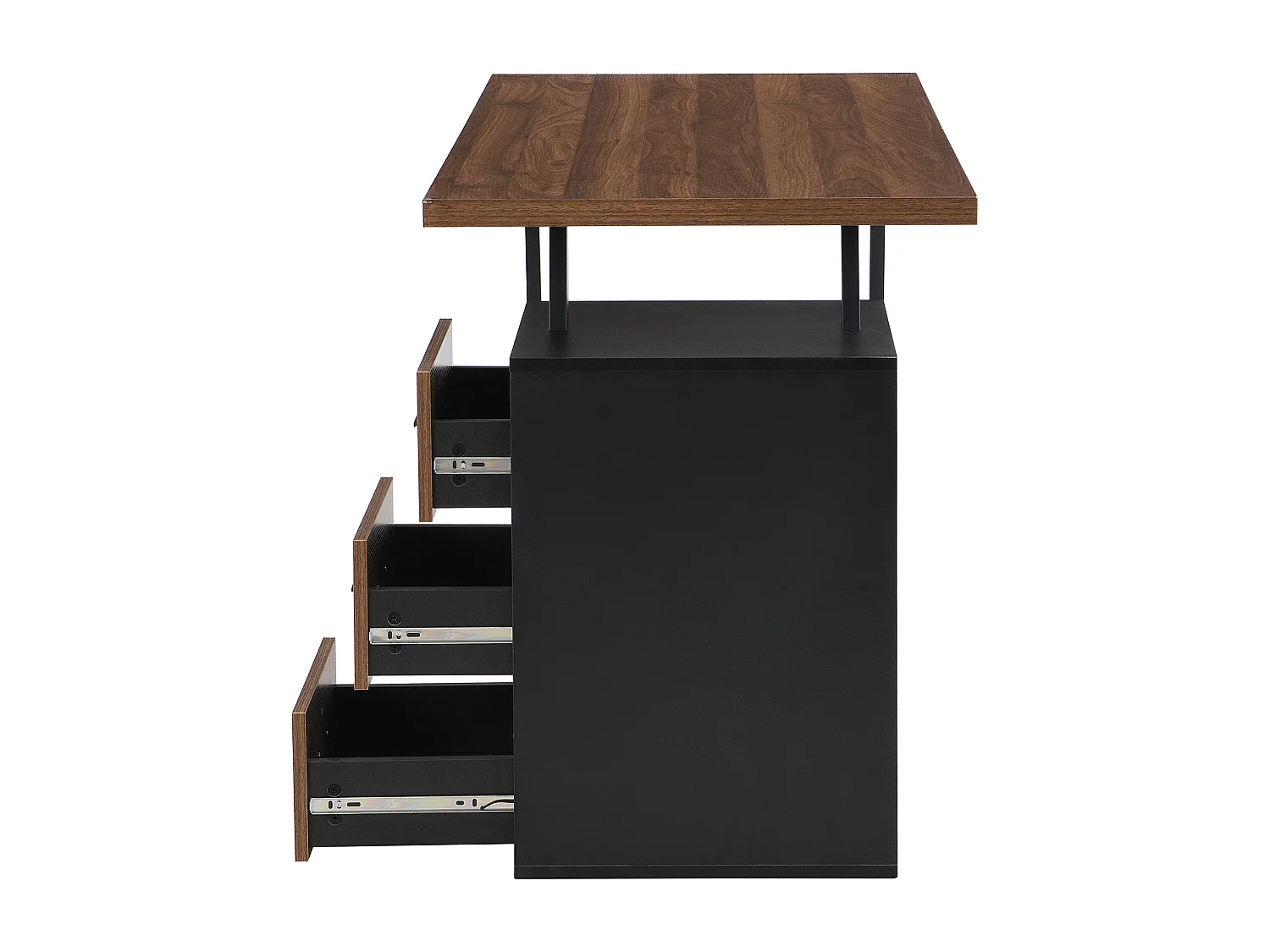 Bureau 138,5 cm en bois marron foncé et métal noir avec 3 tiroirs