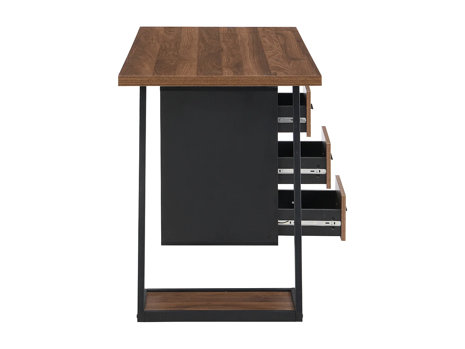 Bureau 138,5 cm en bois marron foncé et métal noir avec 3 tiroirs