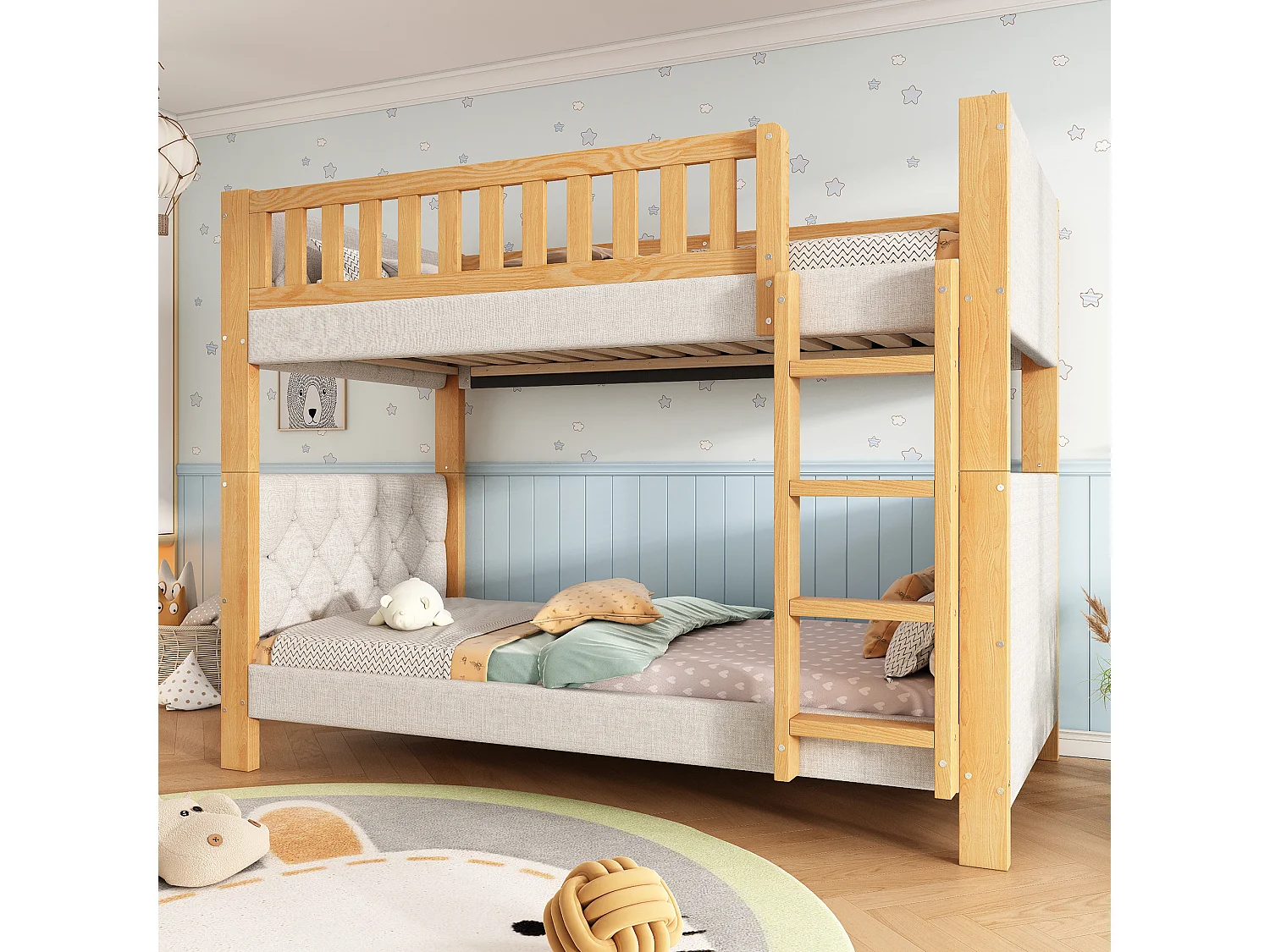 Lit superposé enfant 90x200 cm avec barrières de sécurité - Gris et bois naturel