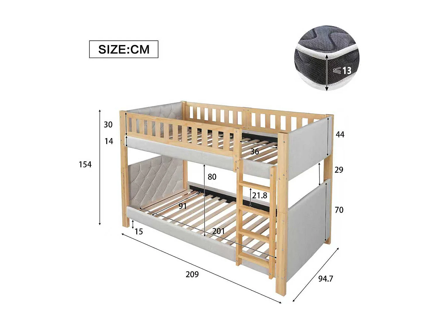Lit superposé enfant 90x200 cm avec barrières de sécurité - Gris et bois naturel